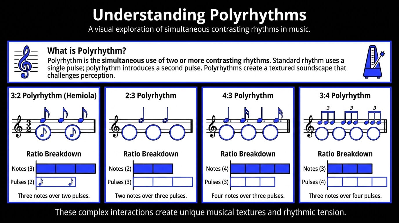 Infographic explaining 3:2, 2:3, 4:3, and 3:4 polyrhythms with notation and ratio breakdowns.