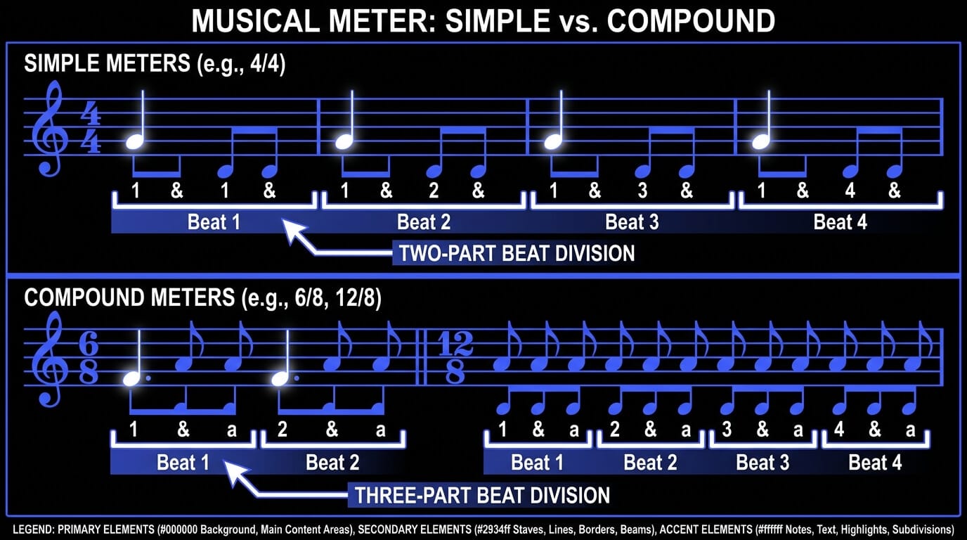 Musical notation comparing simple meter in 4/4 with compound meters in 6/8 and 12/8 using two-part and three-part beat divisions.
