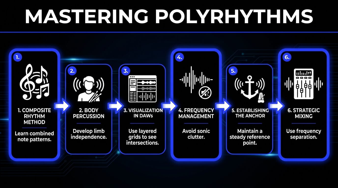 Six-step guide to mastering polyrhythms through composite rhythms, body percussion, DAW grids, anchoring, frequency control, and mixing.
