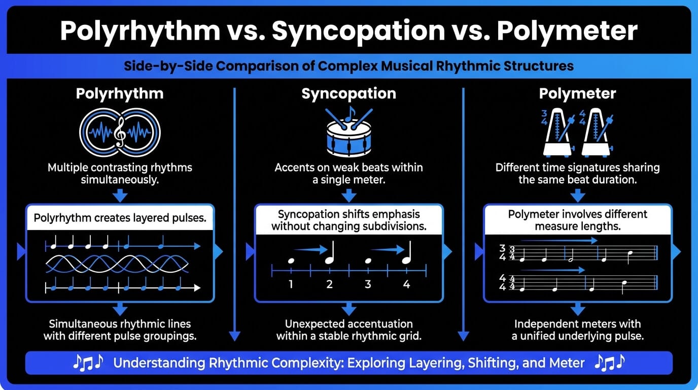 Side-by-side comparison of polyrhythm, syncopation, and polymeter, showing layered rhythms, shifted accents, and different time signatures.