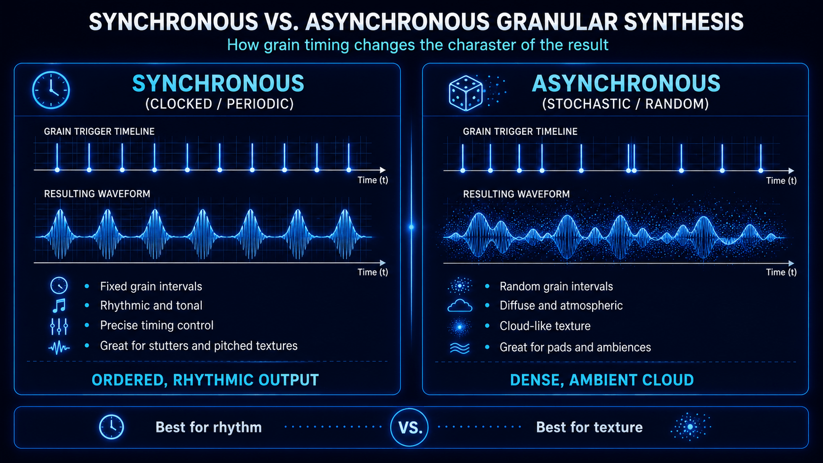 Comparison of synchronous and asynchronous granular synthesis showing fixed rhythmic grain intervals versus random ambient grain clouds.