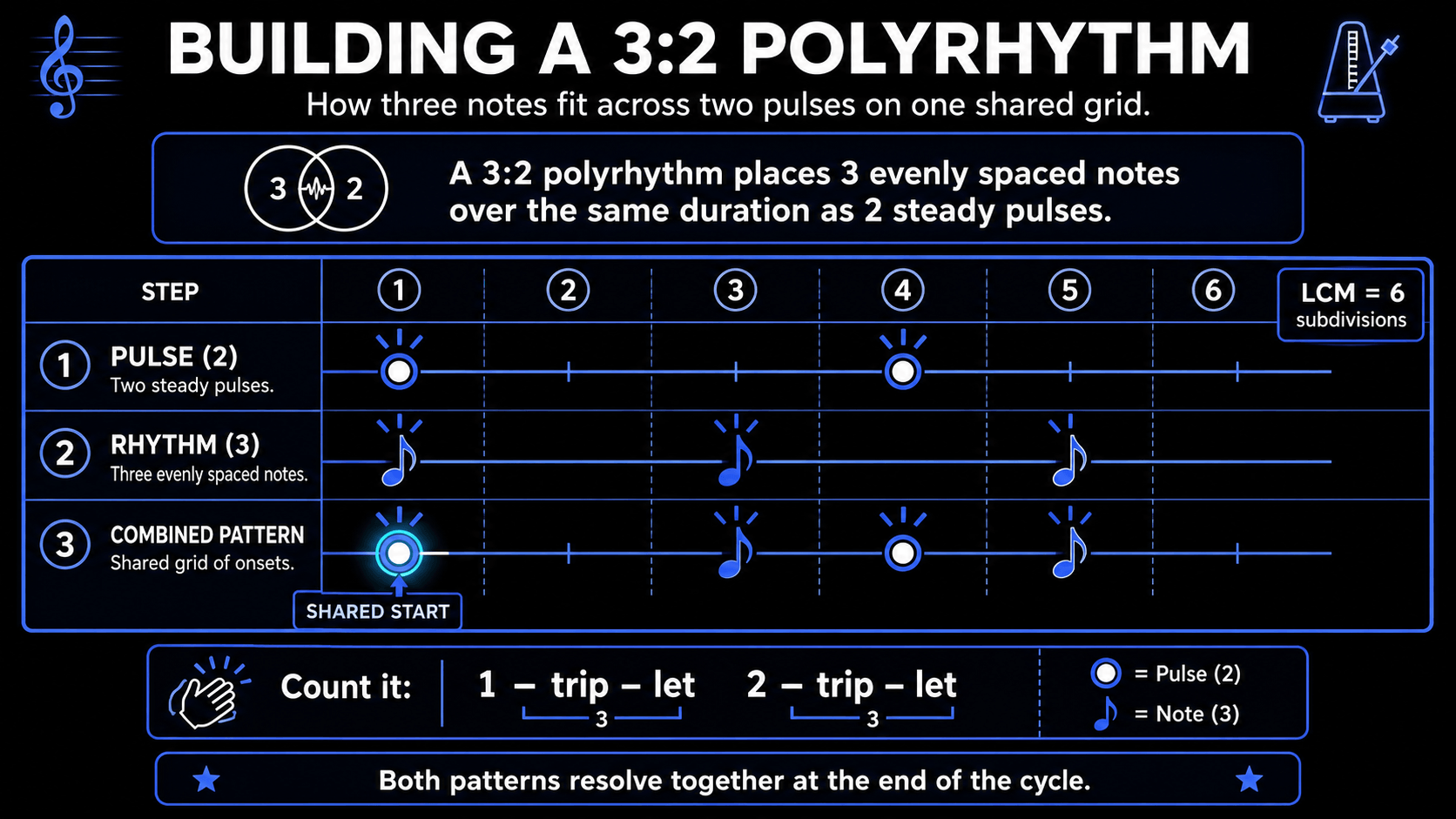 Diagram showing a 3:2 polyrhythm across six subdivisions, with two steady pulses, three evenly spaced notes, and their combined pattern.