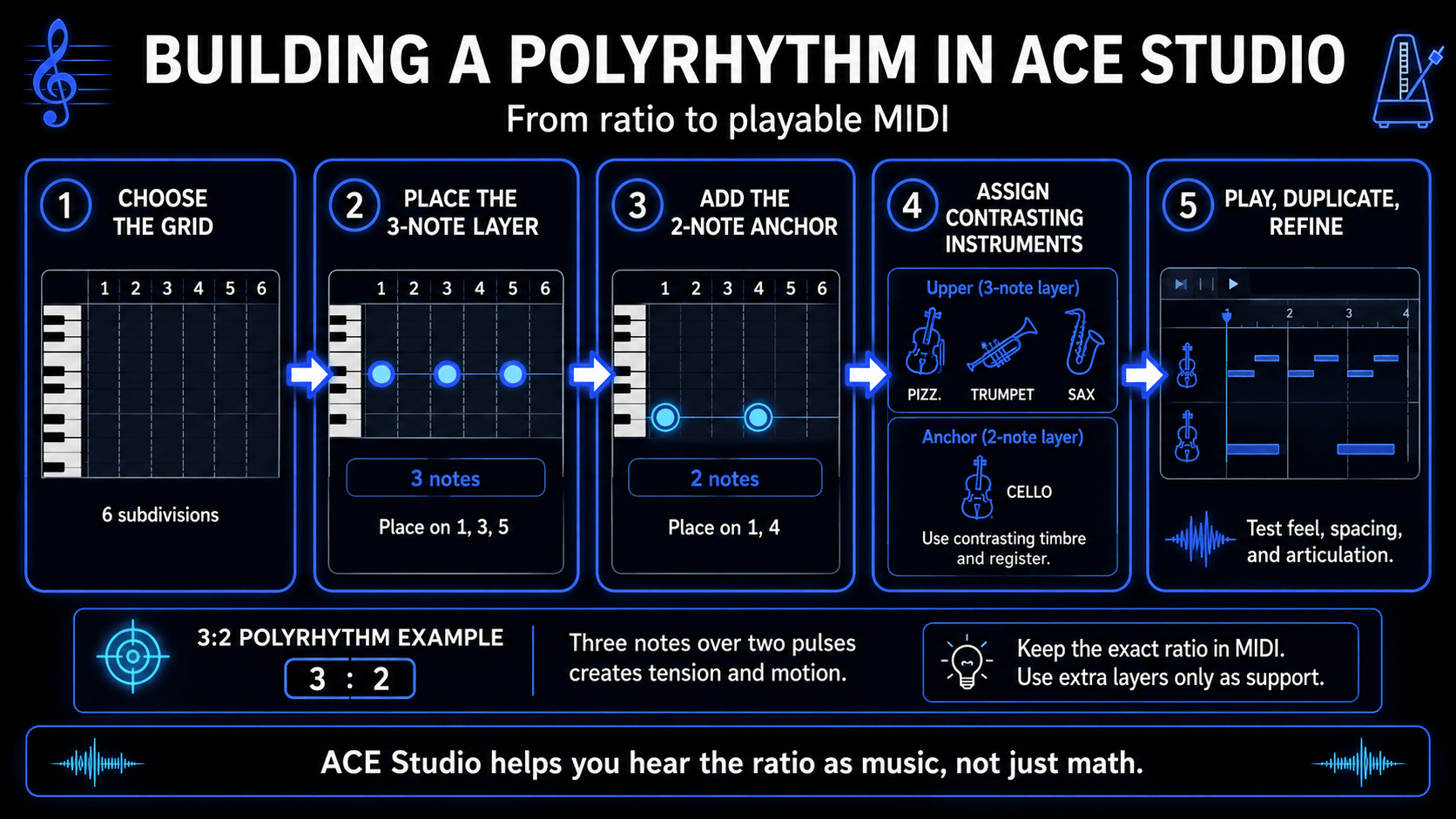 Five-step ACE Studio workflow for building a 3:2 polyrhythm with a six-part grid, contrasting instruments, and editable MIDI layers.