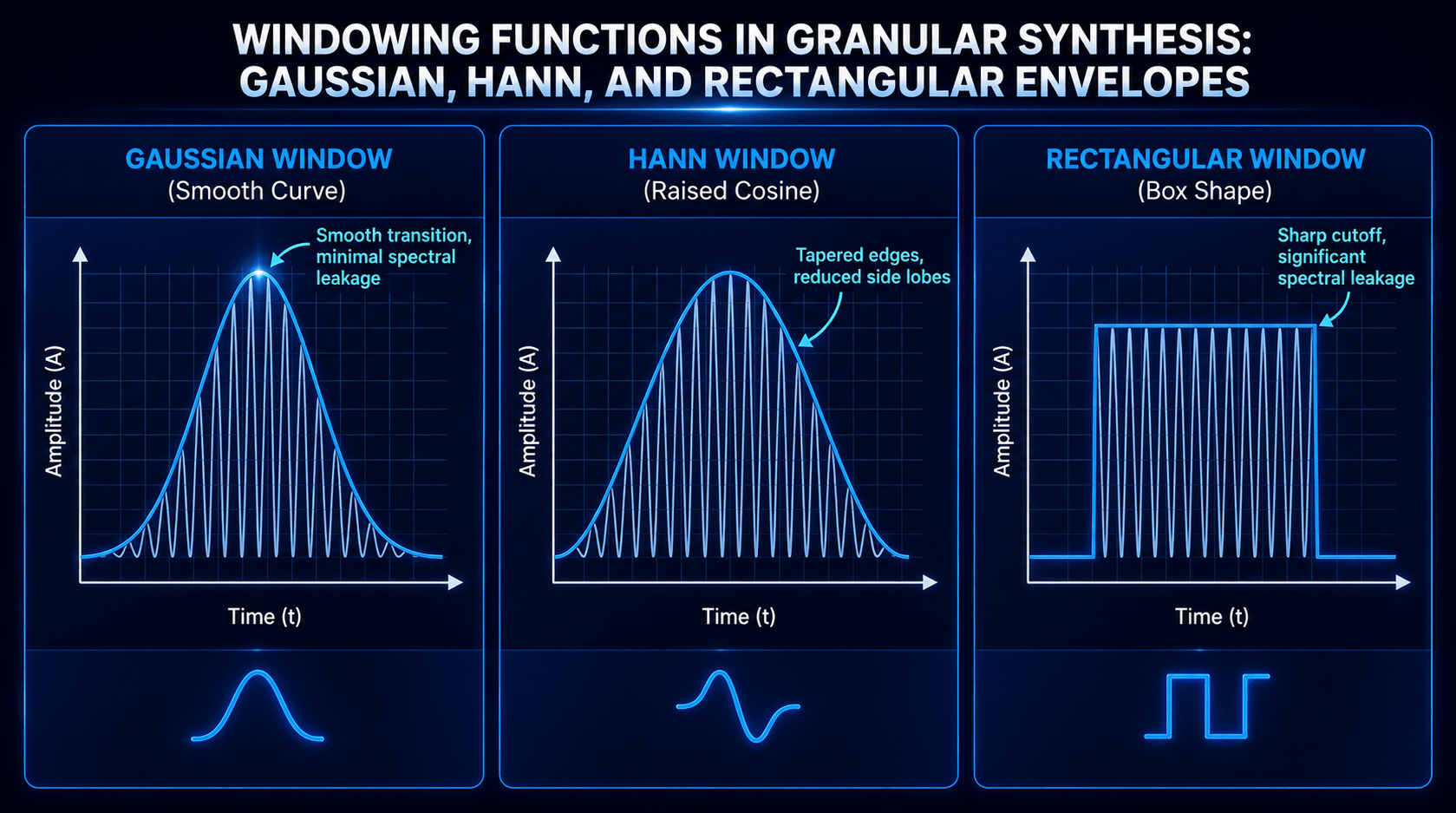 Comparison of Gaussian, Hann, and rectangular windowing functions used to shape grains in granular synthesis.