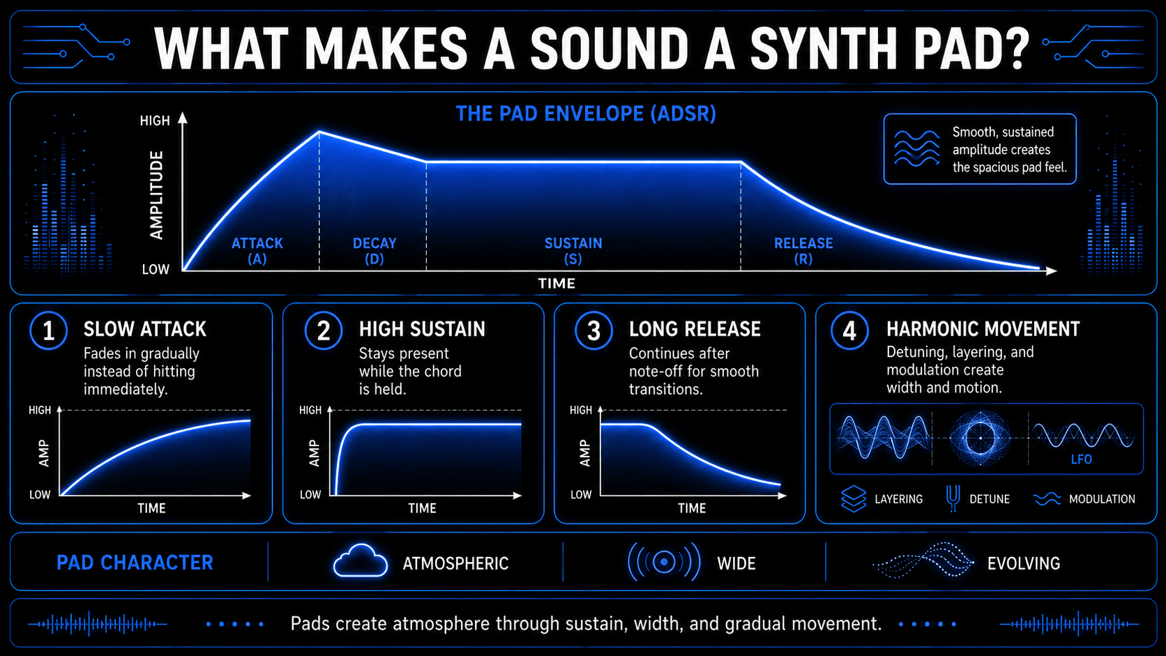 Infographic showing how slow attack, high sustain, long release, layering, detuning, and modulation create a synth pad sound.