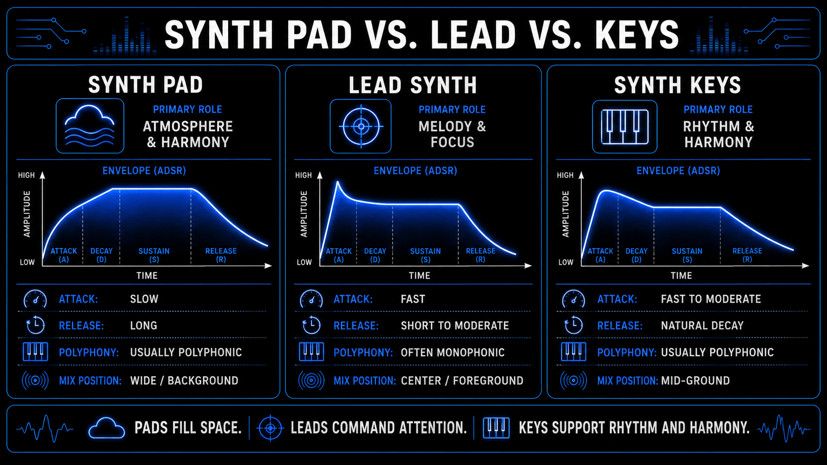 Infographic comparing synth pads, lead synths, and synth keys by musical role, ADSR envelope, polyphony, attack, release, and mix position.