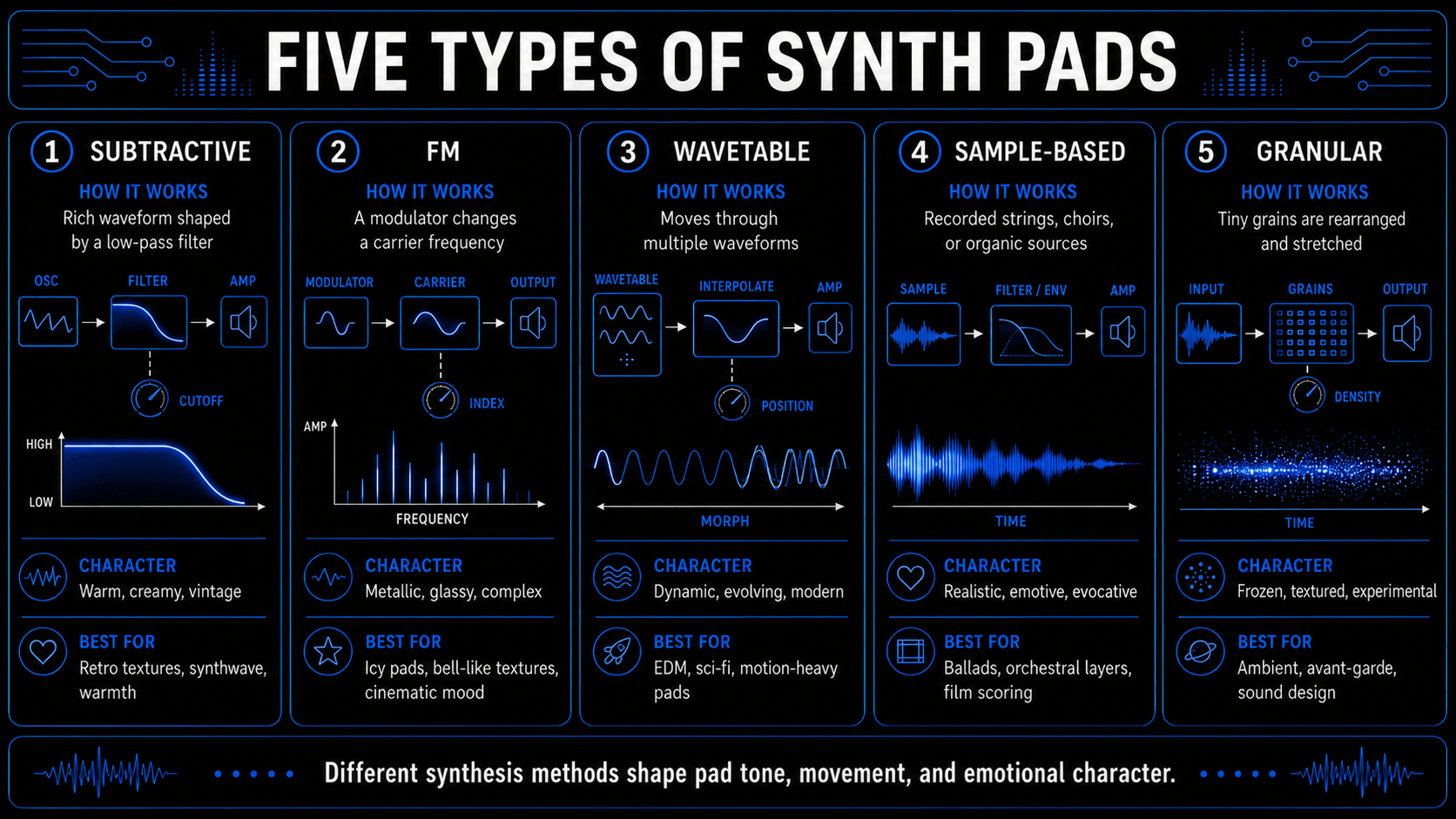 Infographic comparing subtractive, FM, wavetable, sample-based, and granular synth pads by process, sound character, and best uses.