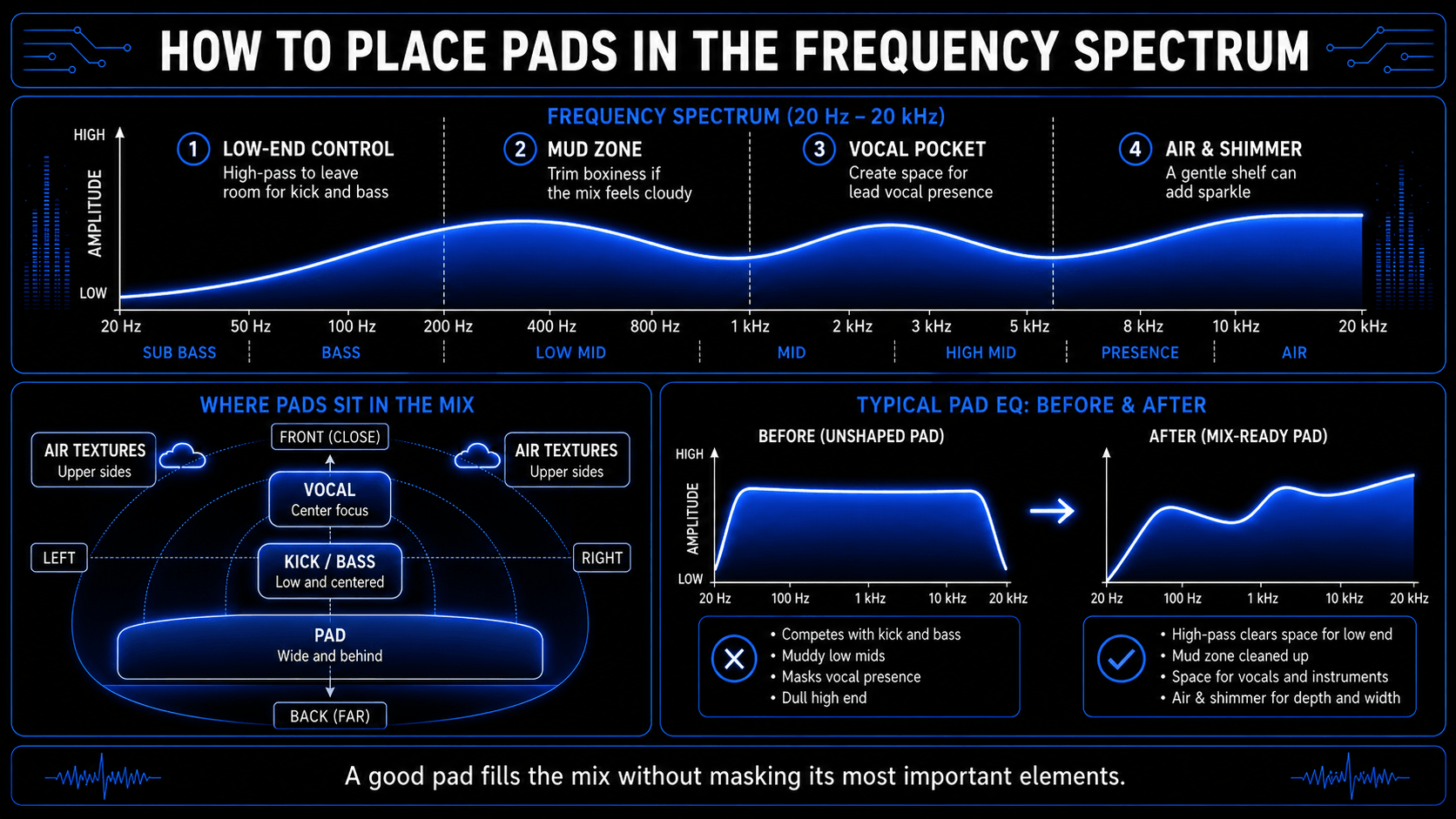 Infographic showing synth pad frequency placement, low-end control, mud reduction, vocal space, air, shimmer, and before-and-after EQ.