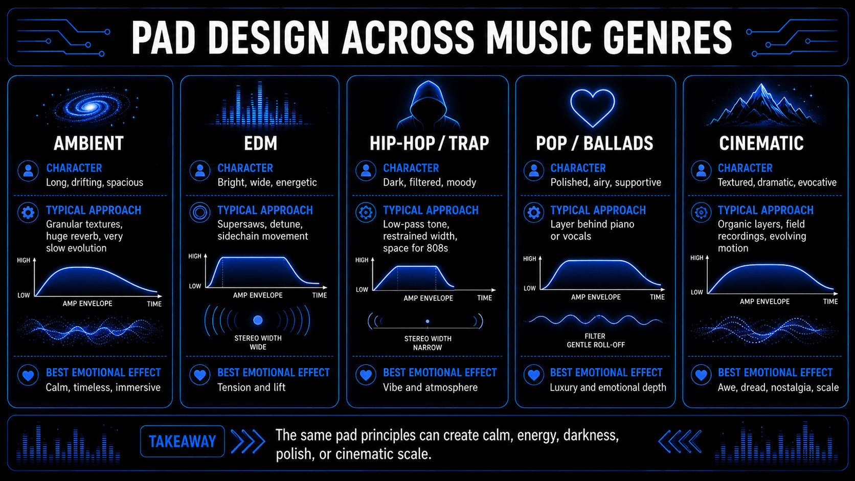 Infographic comparing synth pad character, processing, stereo width, envelopes, and emotional effects across five music genres.