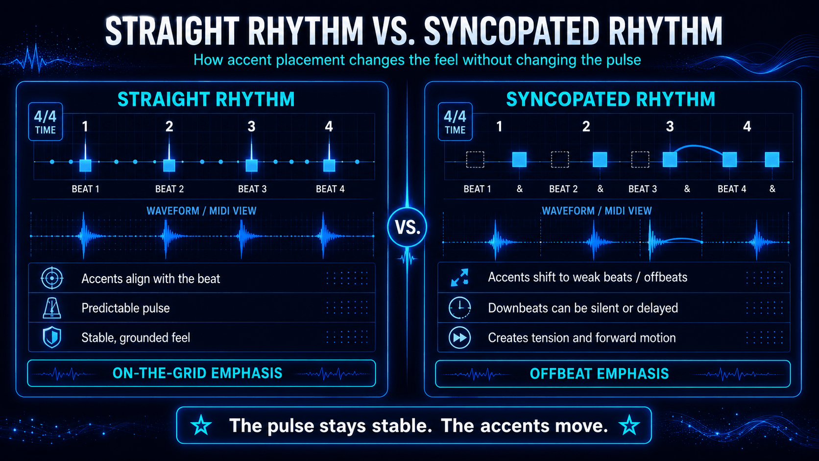 Comparison of straight and syncopated rhythms in 4/4, showing accents on beats versus weak beats and offbeats.