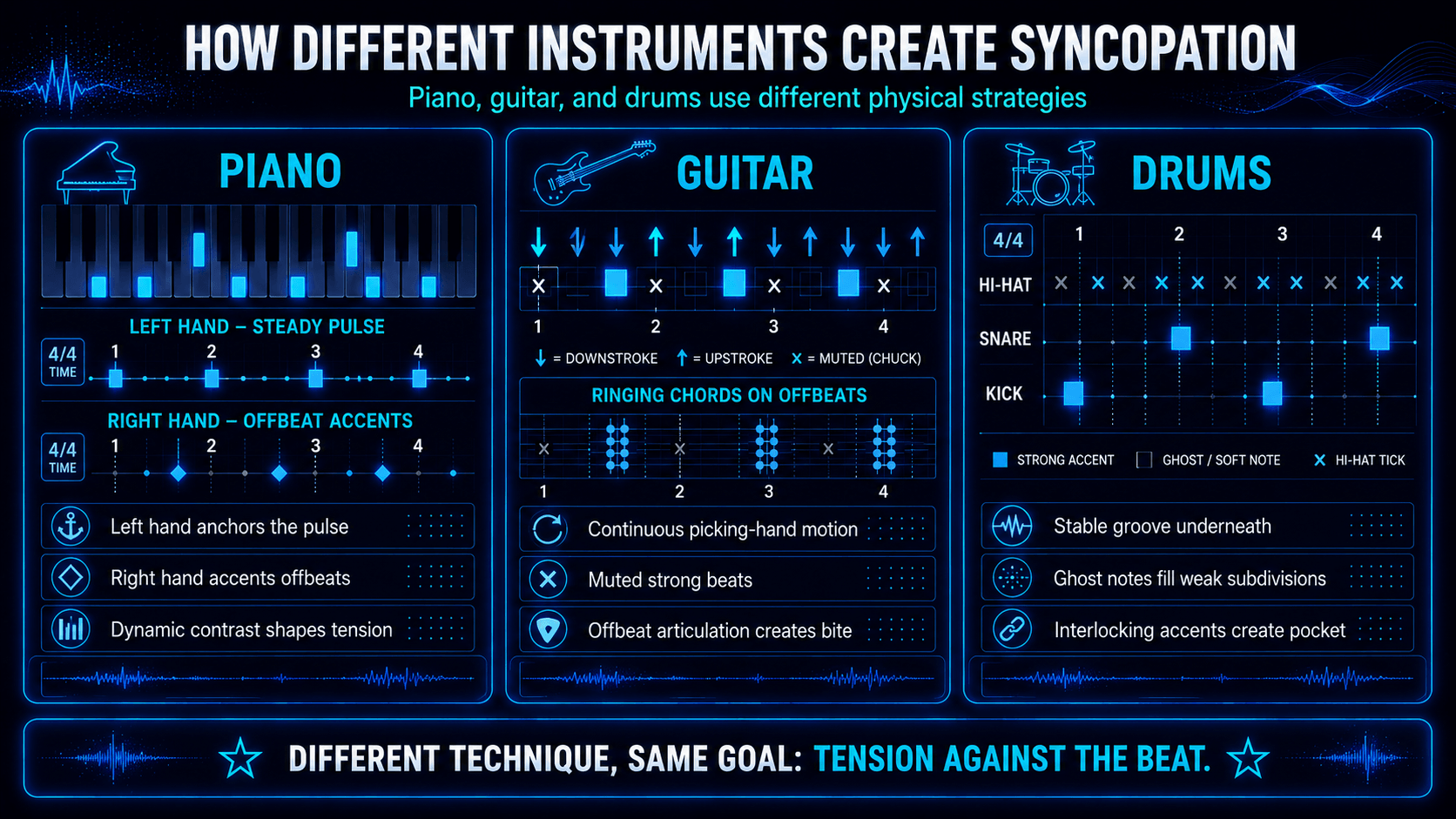 Infographic comparing syncopation techniques for piano, guitar, and drums, including offbeat accents, muted strums, and ghost notes.
