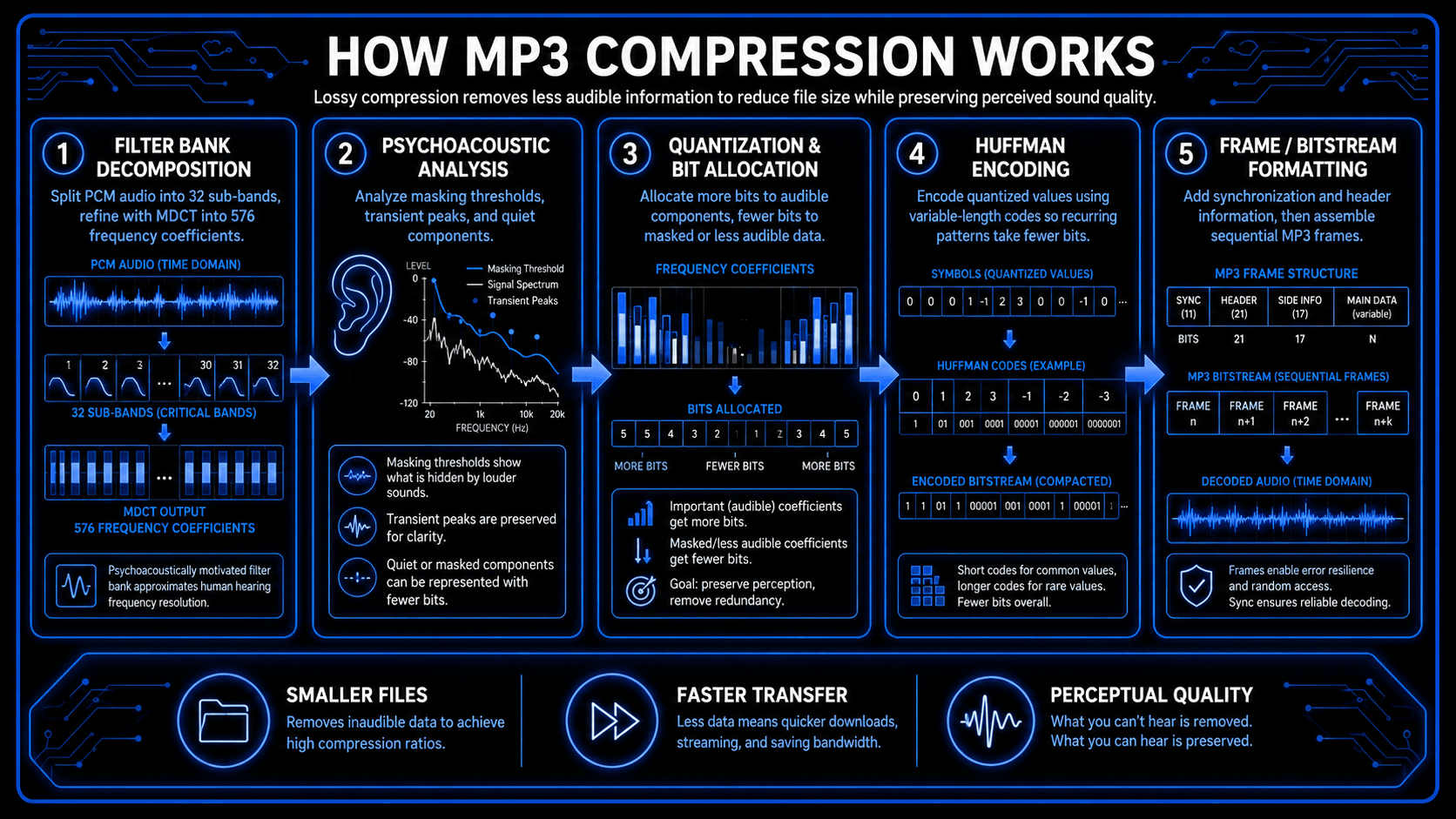 Five-step MP3 compression process showing filter banks, psychoacoustic analysis, bit allocation, Huffman coding, and frame formatting
