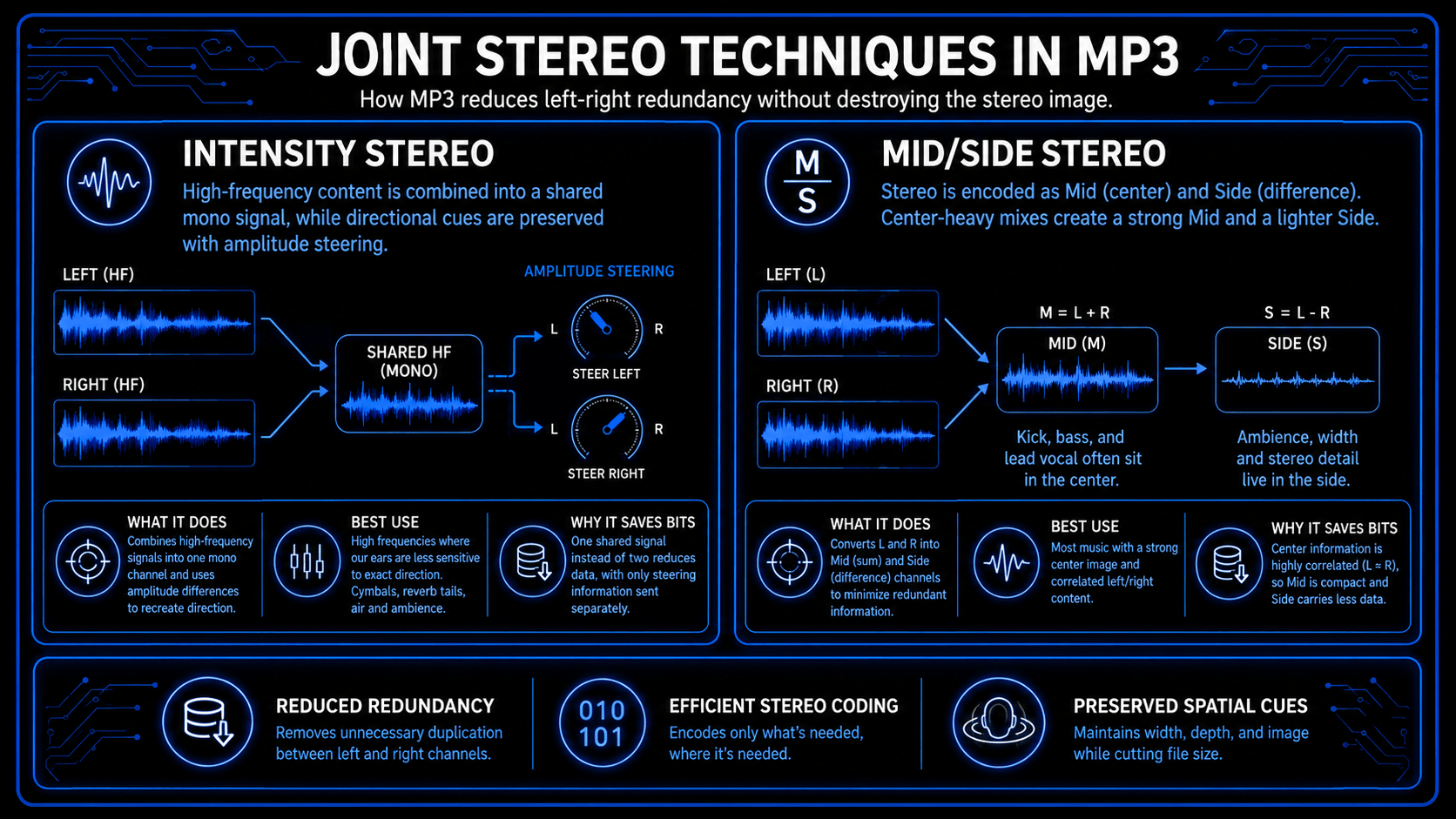 Comparison of intensity stereo and mid-side stereo techniques used to reduce MP3 file size