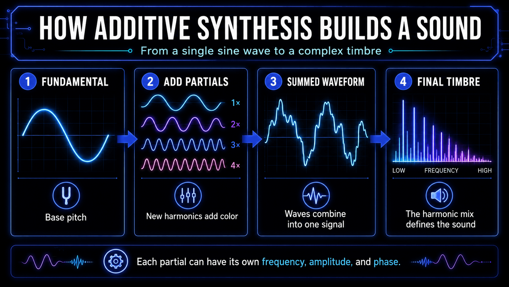Four-step additive synthesis process showing a fundamental sine wave, added partials, summed waveform, and final timbre.