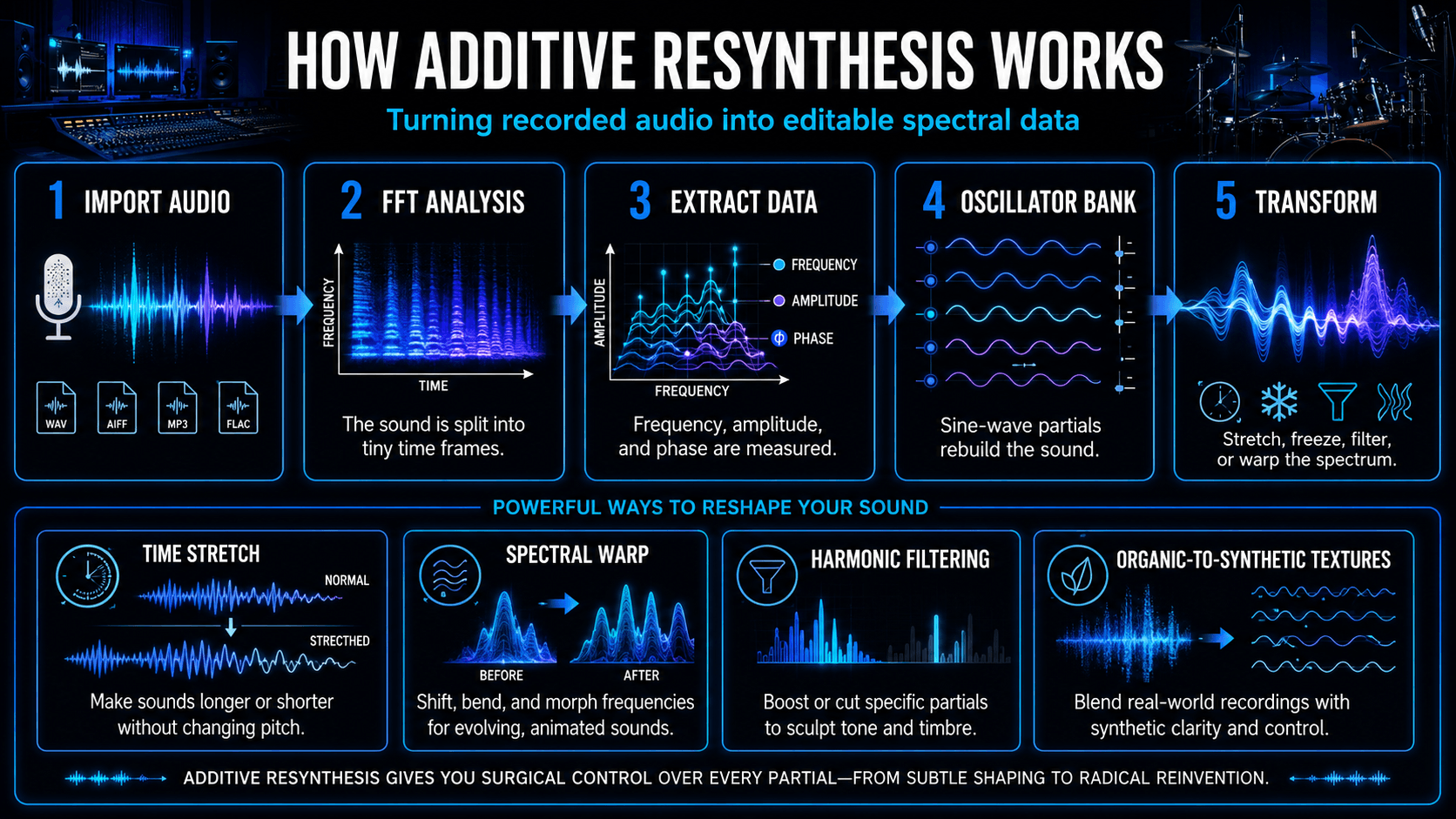 Additive resynthesis workflow showing audio import, FFT analysis, spectral data extraction, oscillator reconstruction, and sound transformation.