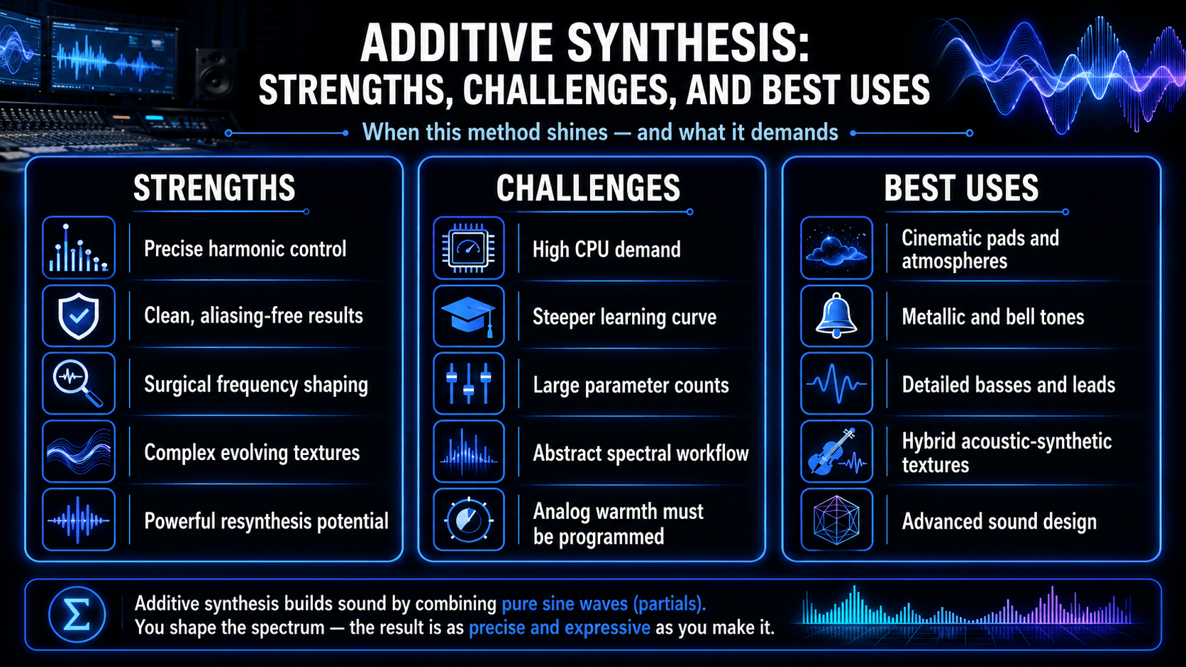 Summary of additive synthesis strengths, CPU and workflow challenges, and uses including cinematic pads, bells, basses, leads, and hybrid textures.