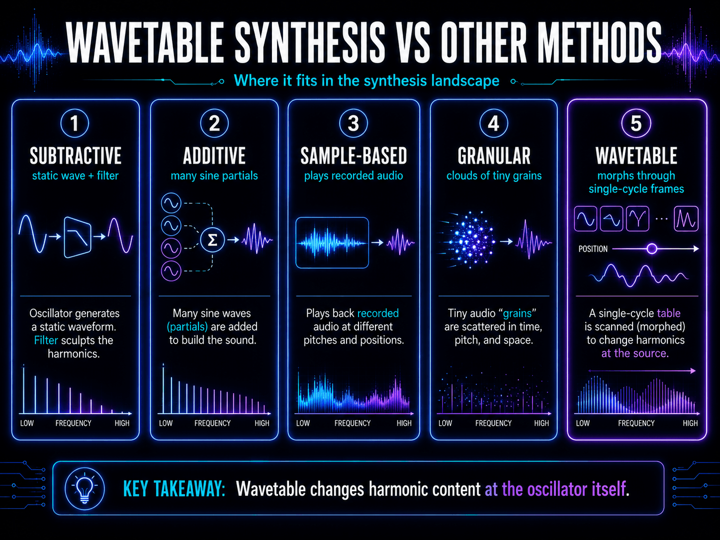 Comparison of subtractive, additive, sample-based, granular, and wavetable synthesis methods.