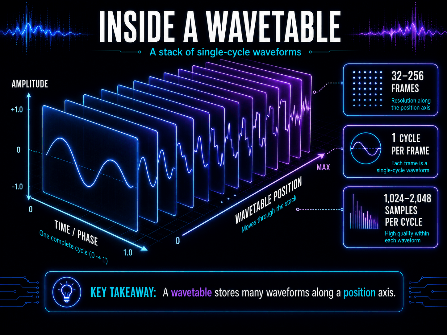 Three-dimensional wavetable containing stacked single-cycle waveform frames arranged by position.