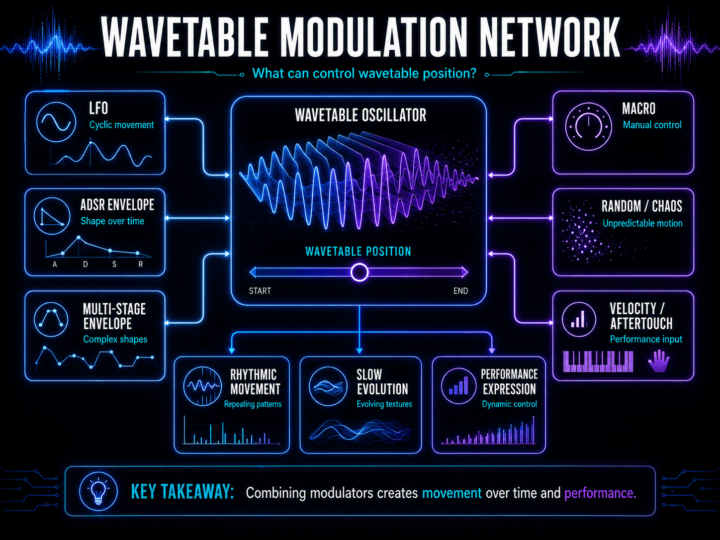 Wavetable modulation network connecting LFOs, envelopes, macros, random sources, velocity, and aftertouch to oscillator position.