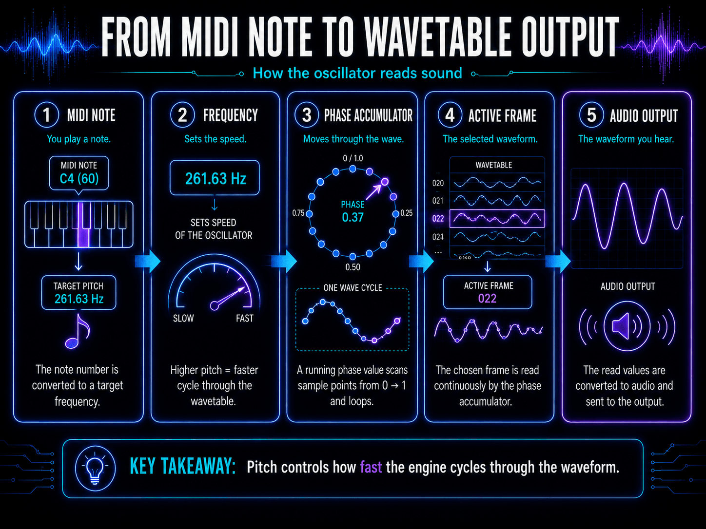 Five-step process showing a MIDI note converted into frequency, phase movement, an active wavetable frame, and audio output.