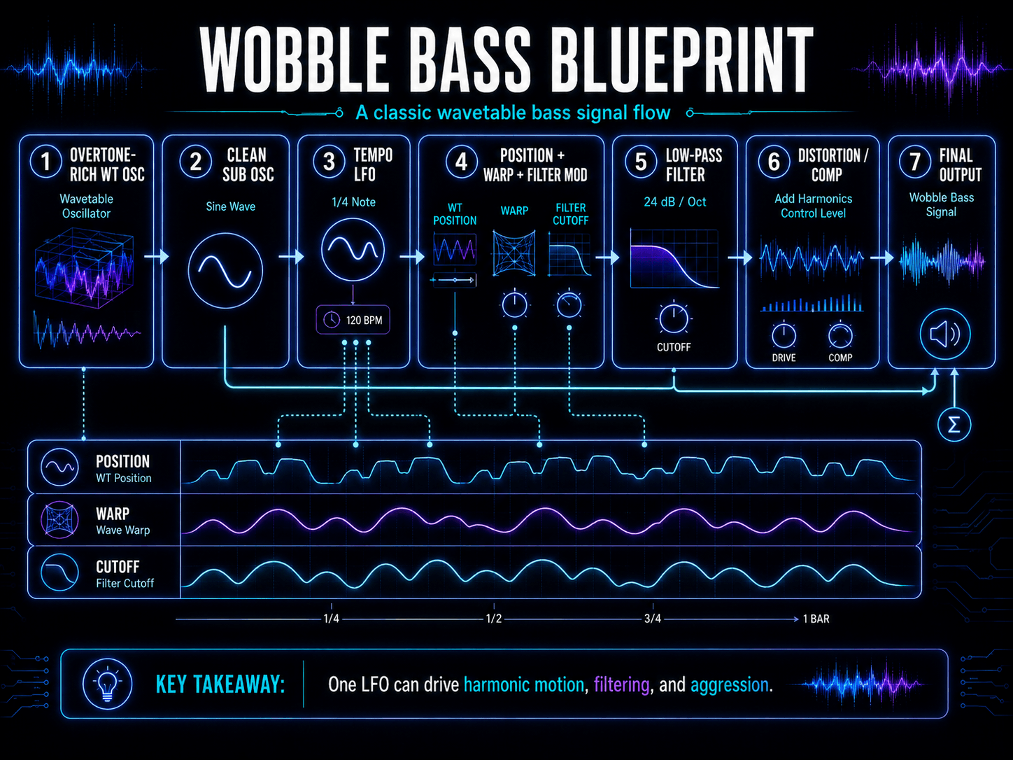 Seven-step wavetable wobble bass signal chain using oscillators, an LFO, warp modulation, filtering, distortion, and compression.