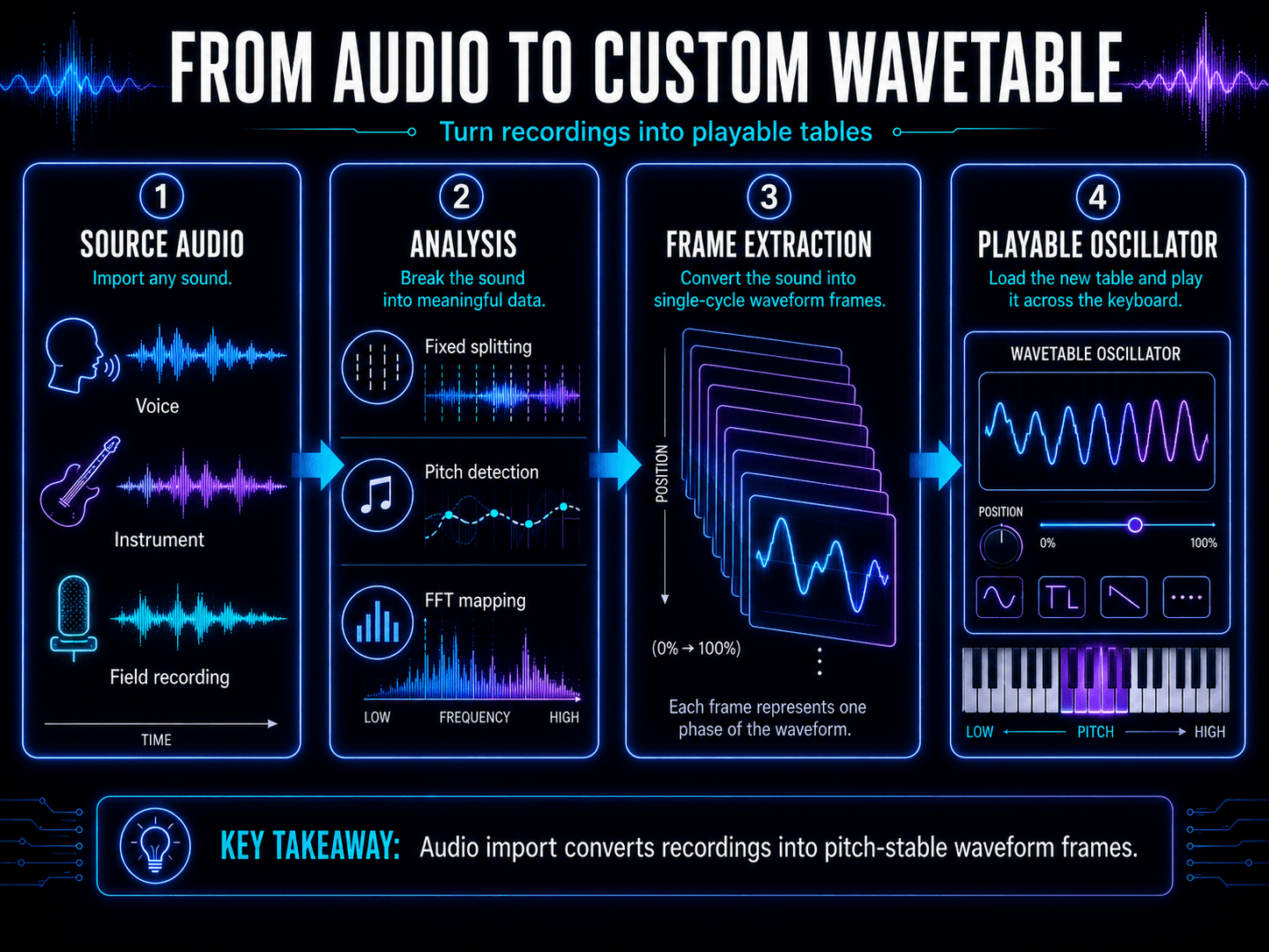 Process for converting voice, instrument, or field recordings into single-cycle frames for a custom wavetable oscillator.