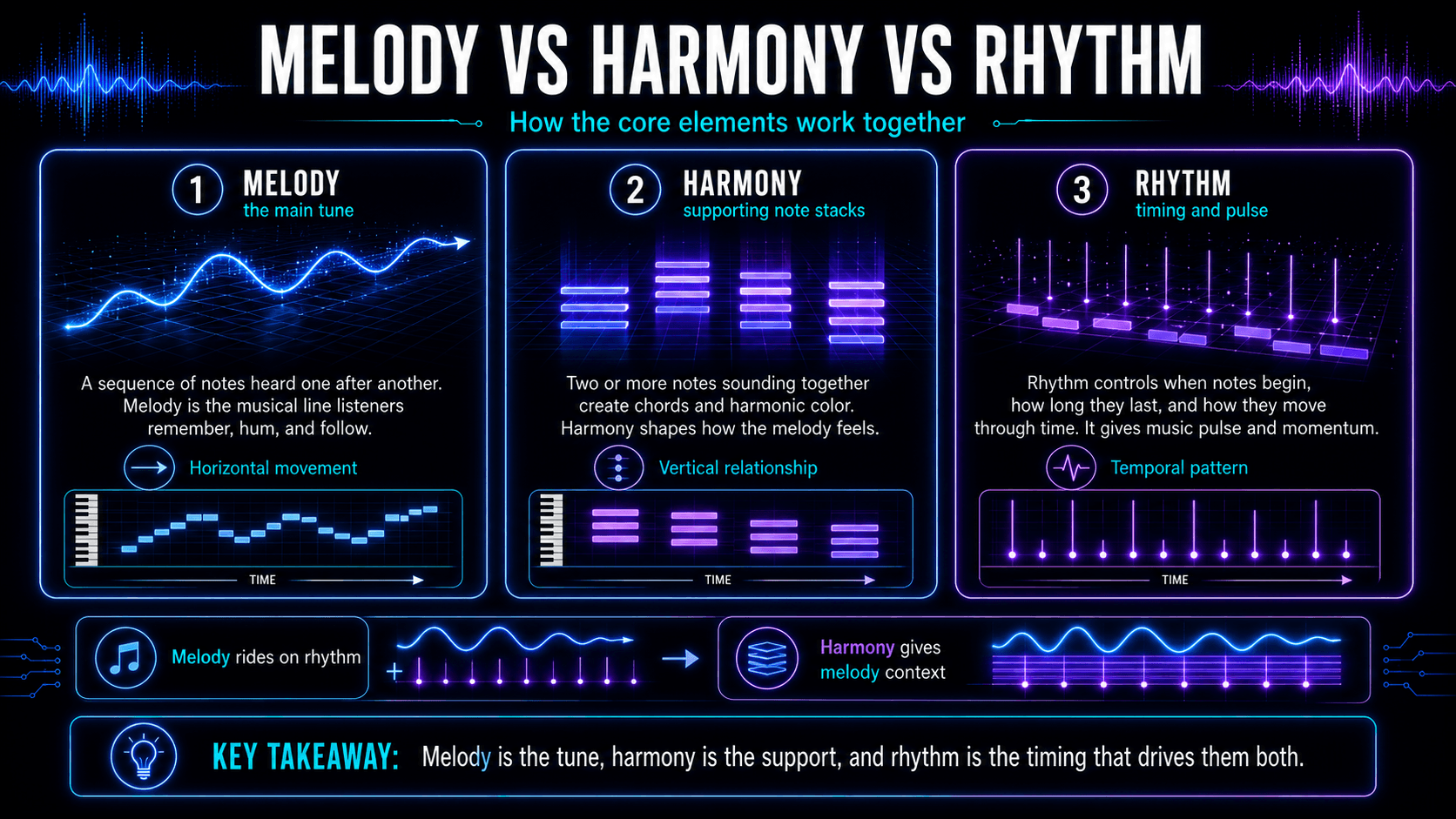 Infographic comparing melody as the main tune, harmony as supporting chords, and rhythm as timing and pulse.