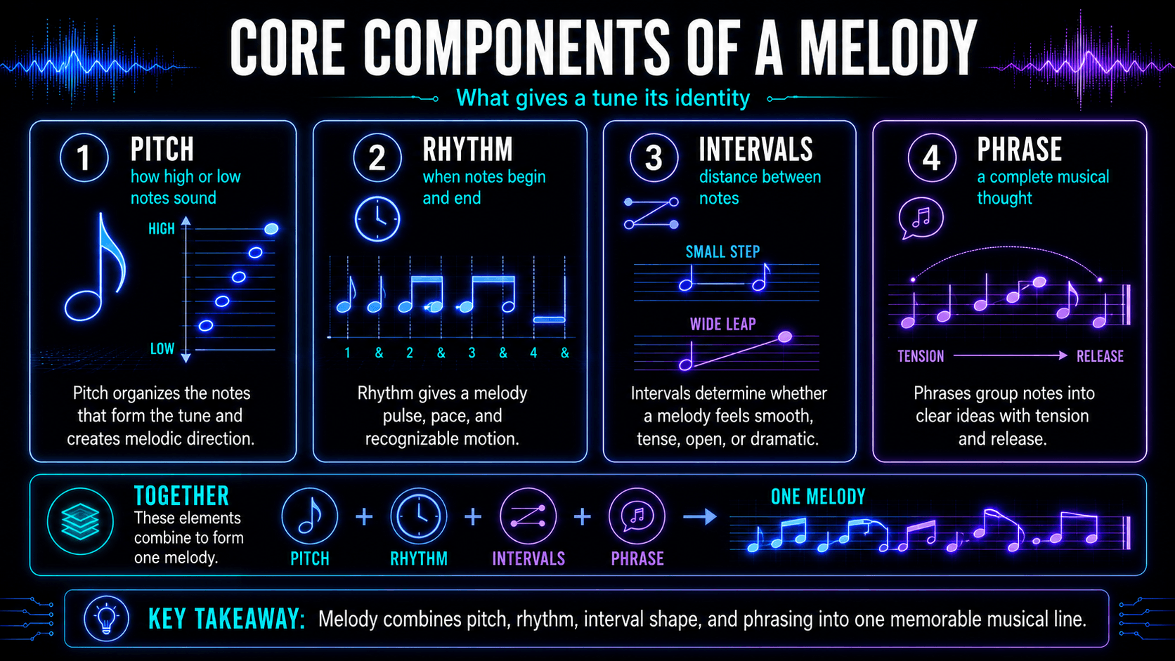 Infographic explaining pitch, rhythm, intervals, and phrase as the four core components of a melody.