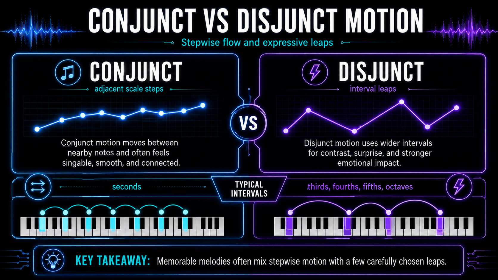 Infographic comparing smooth conjunct stepwise motion with disjunct melodic motion using wider intervals and piano keys.