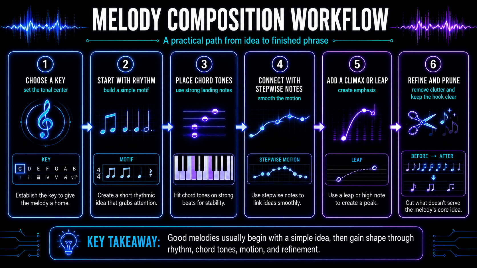 Six-step melody composition workflow covering key selection, rhythm, chord tones, stepwise motion, climax, and refinement.
