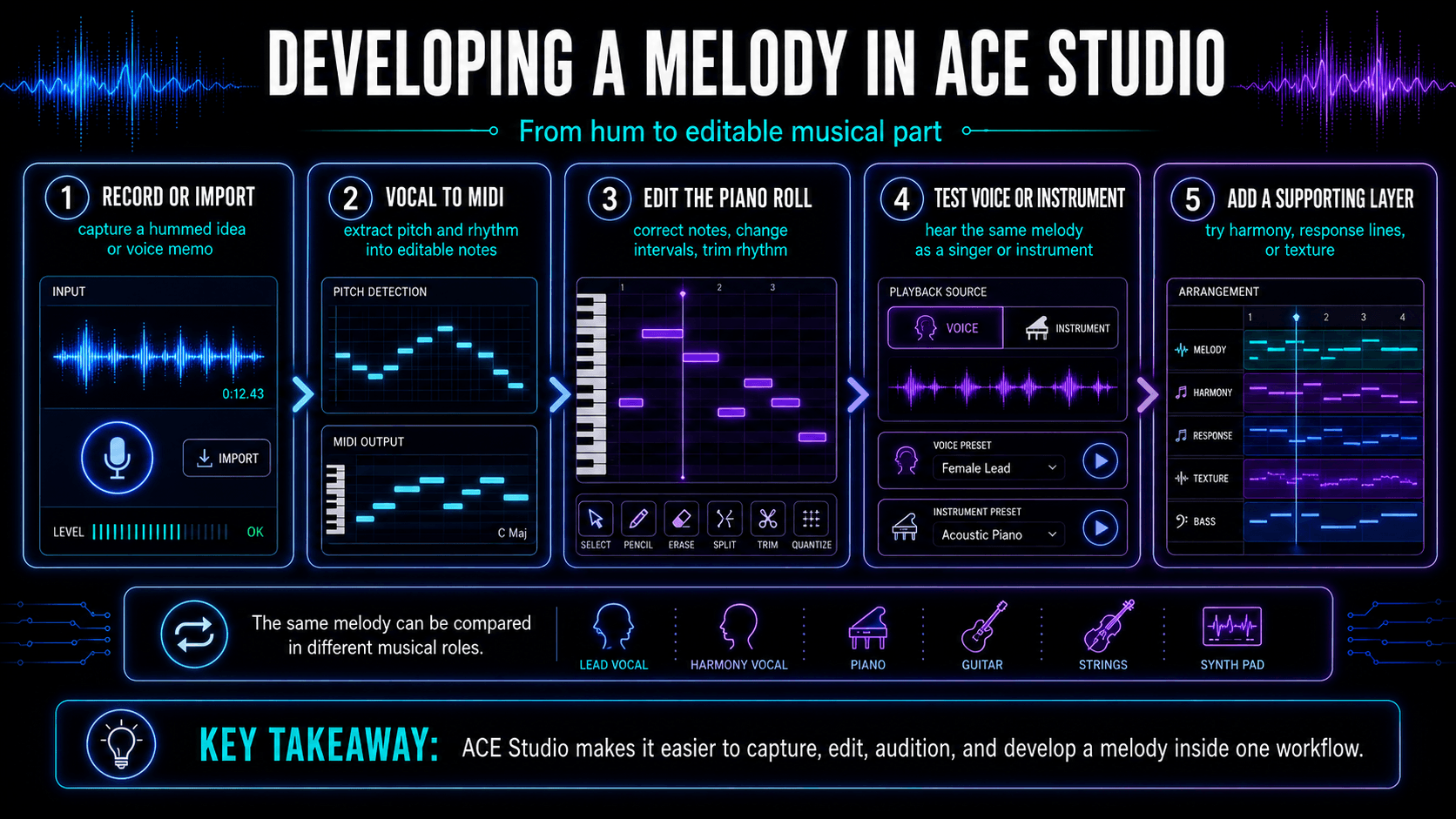 Infographic showing how to record a melody, convert vocals to MIDI, edit notes, test sounds, and add layers in ACE Studio.