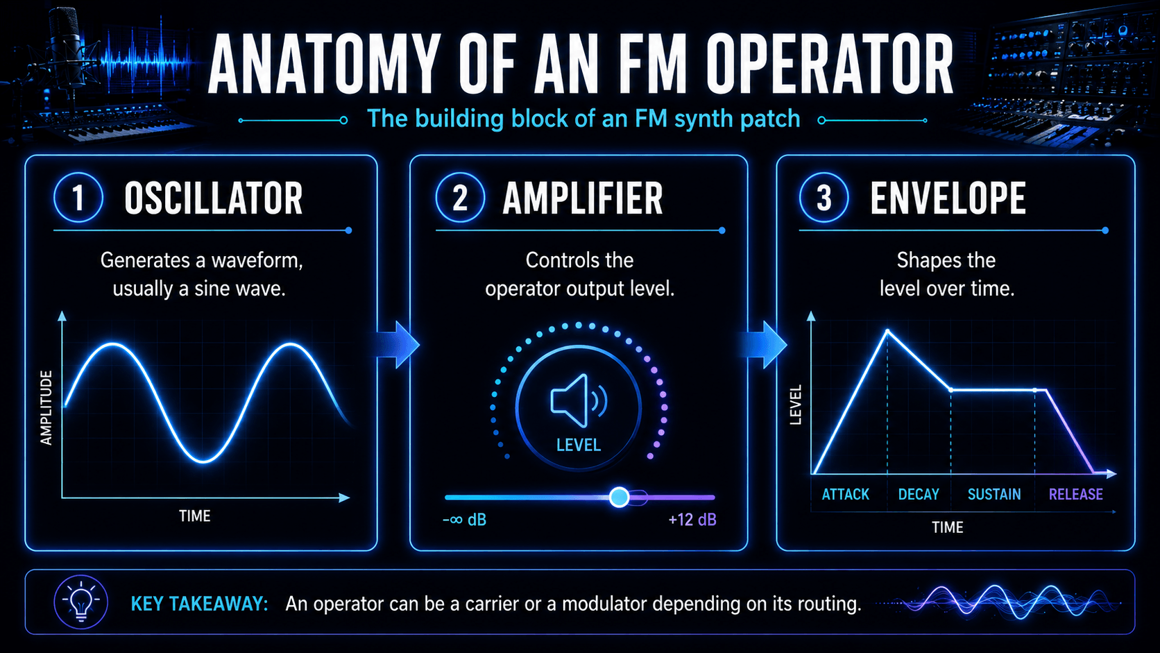 Anatomy of an FM operator showing its oscillator, output amplifier, and ADSR envelope.