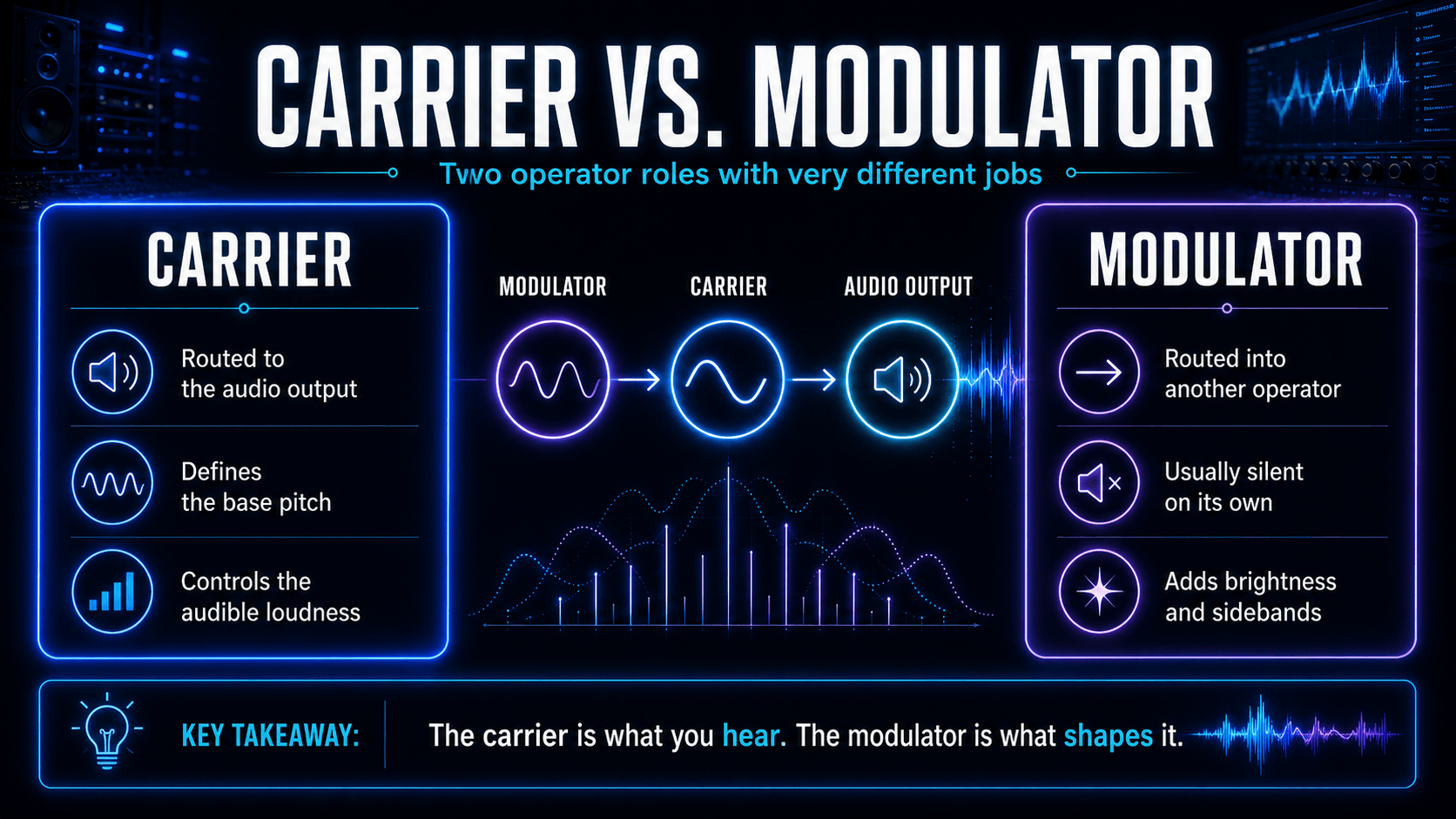Carrier versus modulator infographic comparing audio output, pitch, loudness, routing, and sideband generation.