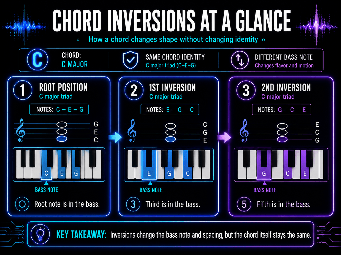 C major chord shown in root position, first inversion, and second inversion using notation and highlighted piano keys.