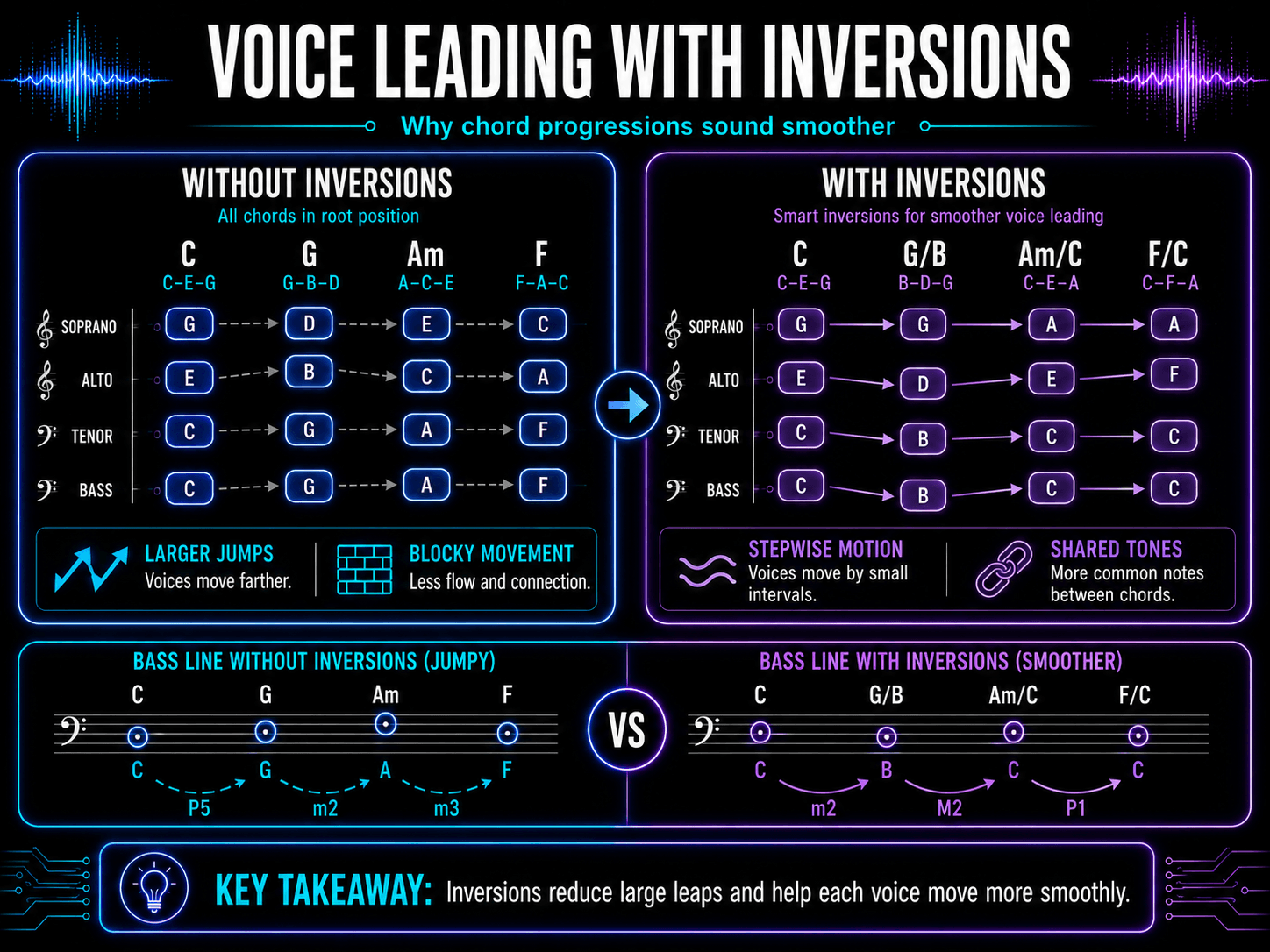 Voice-leading comparison showing a progression with root-position chords versus inversions that use smaller movements and shared tones.
