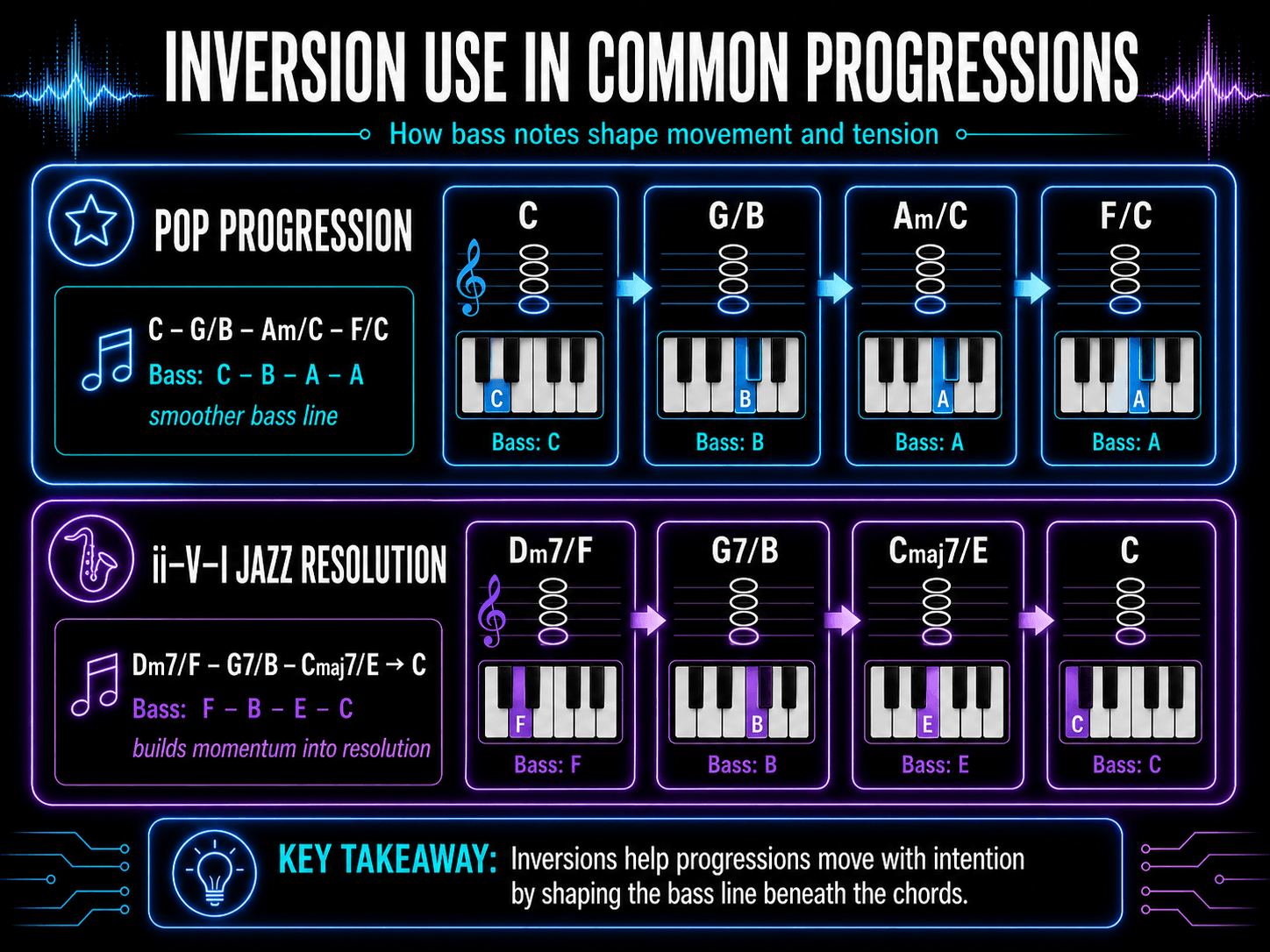 Pop and jazz chord progressions using slash chords to demonstrate how inverted bass notes influence movement, tension, and resolution.