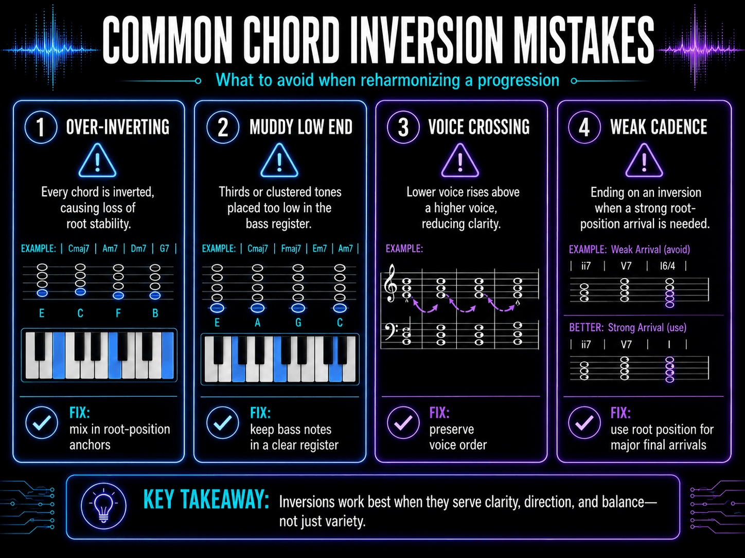 Four common chord inversion mistakes covering over-inverting, muddy bass notes, voice crossing, and weak final cadences.