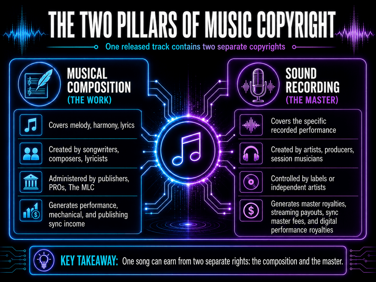Infographic explaining the two pillars of music copyright: musical composition rights and sound recording master rights.