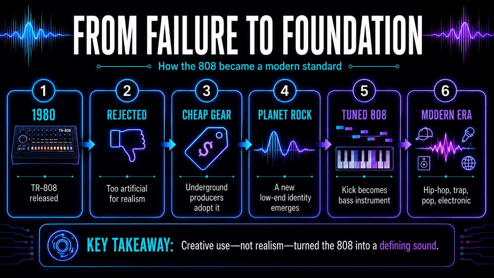 Timeline tracing the TR-808 from its 1980 release and early rejection to underground adoption and modern music influence.