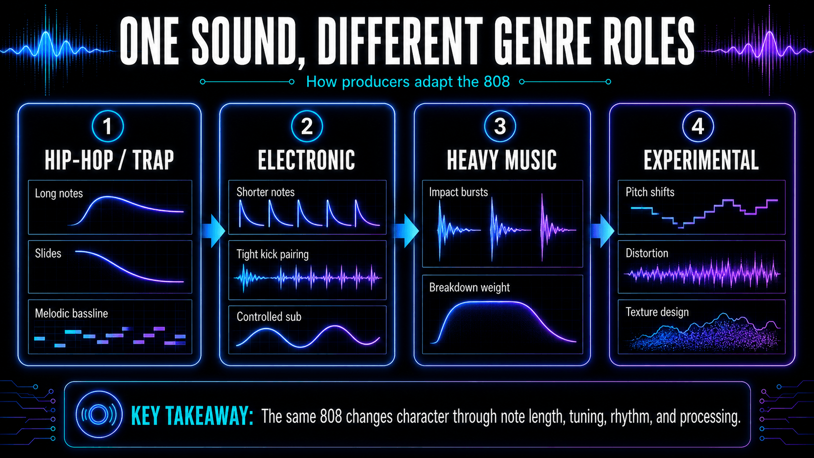 Infographic comparing 808 use in hip-hop, electronic, heavy, and experimental music through note length, rhythm, and processing.