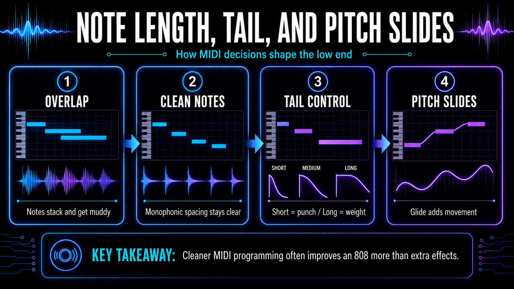 Infographic comparing overlapping notes, clean monophonic spacing, short and long 808 tails, and expressive pitch slides.