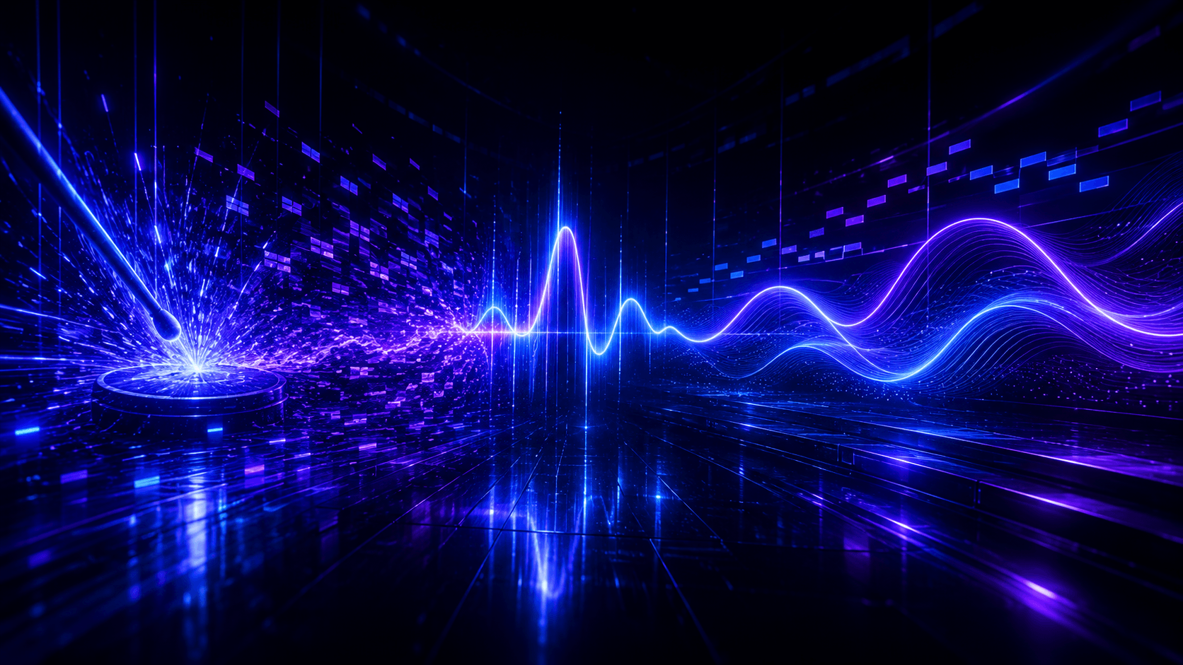 Futuristic blue and purple sound waves, MIDI notes, and glowing low-frequency energy moving through a digital music environment.