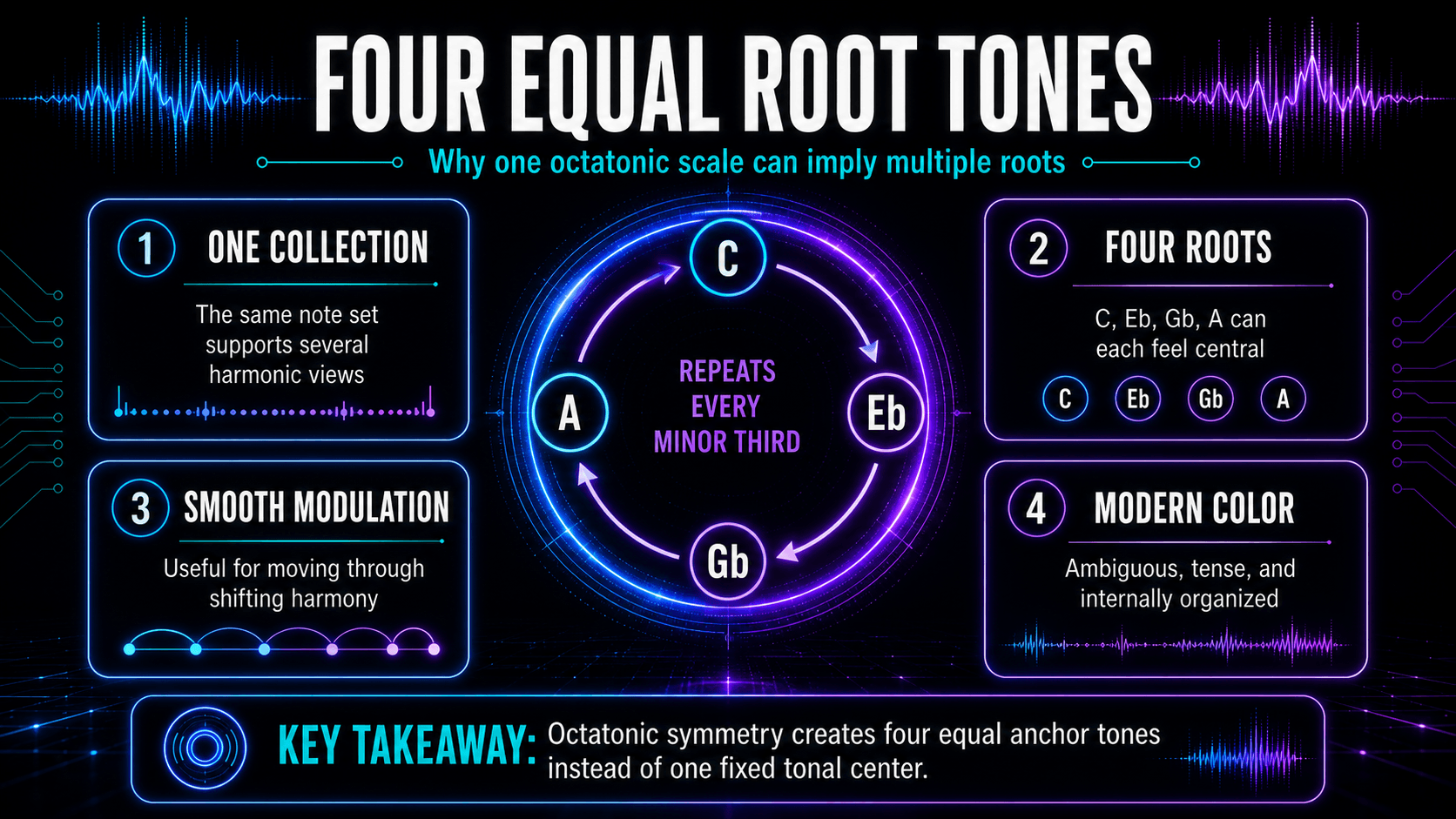 Diagram showing how C, Eb, Gb, and A can function as equal root tones within one octatonic collection.