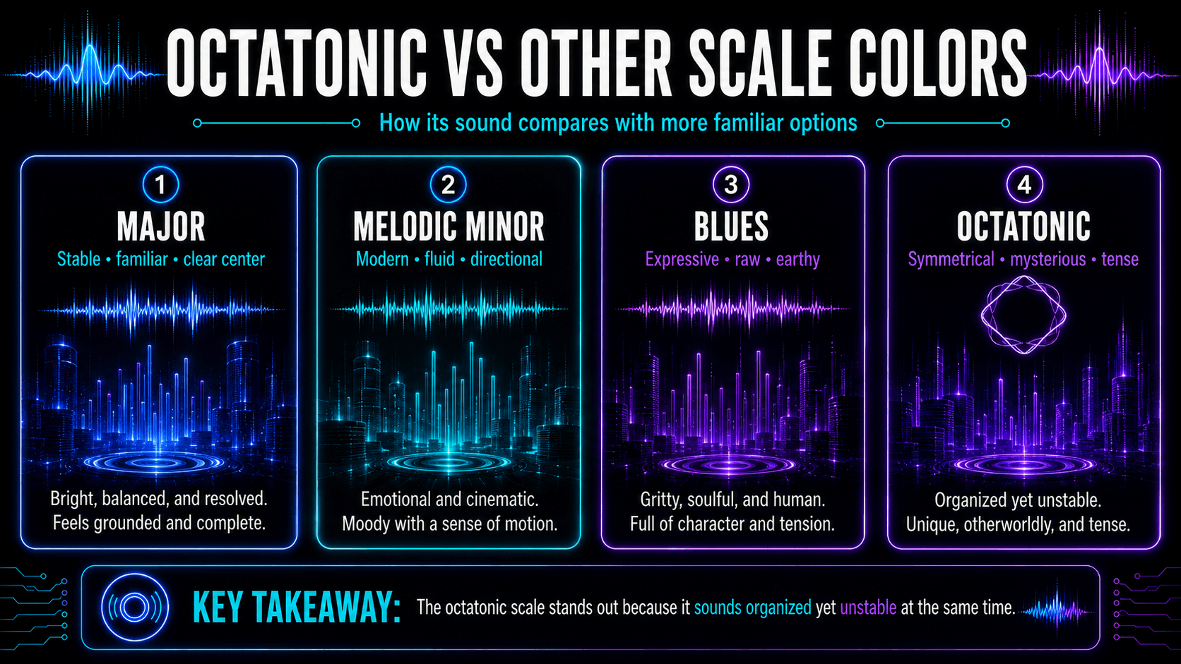 Visual comparison of major, melodic minor, blues, and octatonic scales by tonal stability, mood, movement, and musical character.
