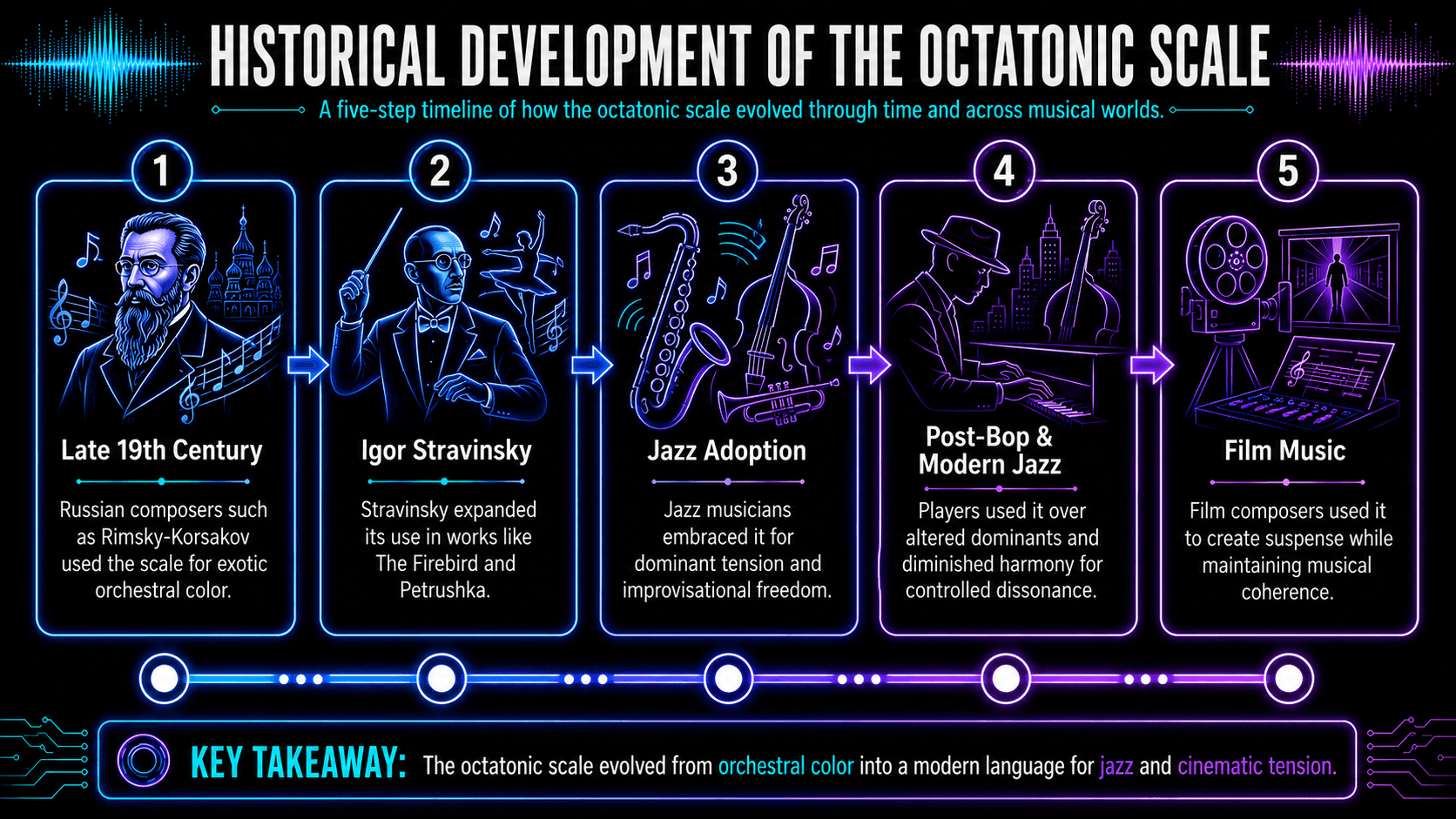 Timeline of the octatonic scale from late-19th-century Russian composers and Stravinsky to jazz, post-bop, modern jazz, and film music.