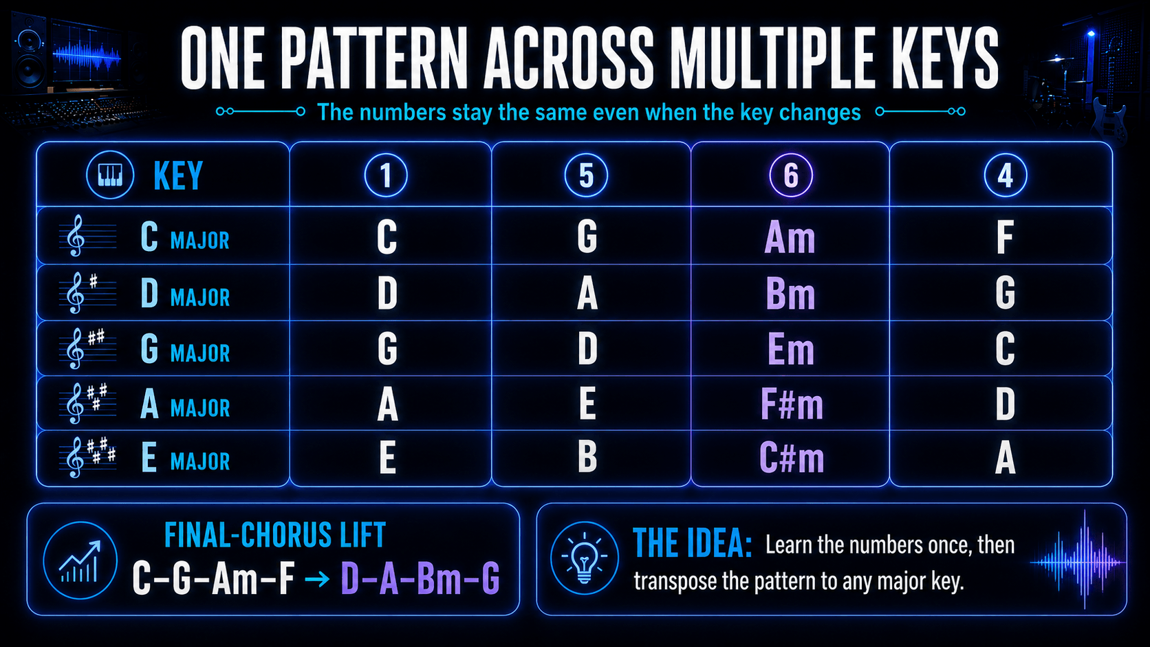 Infographic showing the 1–5–6–4 progression in C, D, G, A, and E major, plus a final-chorus modulation from C to D major.