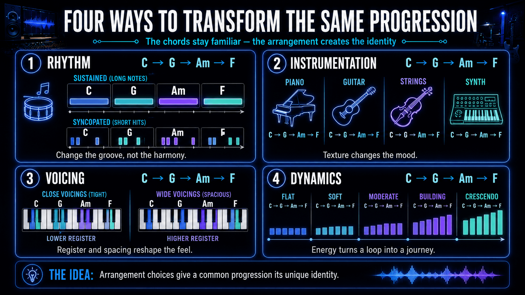 Infographic showing four ways to transform the 1–5–6–4 progression using rhythm, instrumentation, chord voicing, and dynamics.