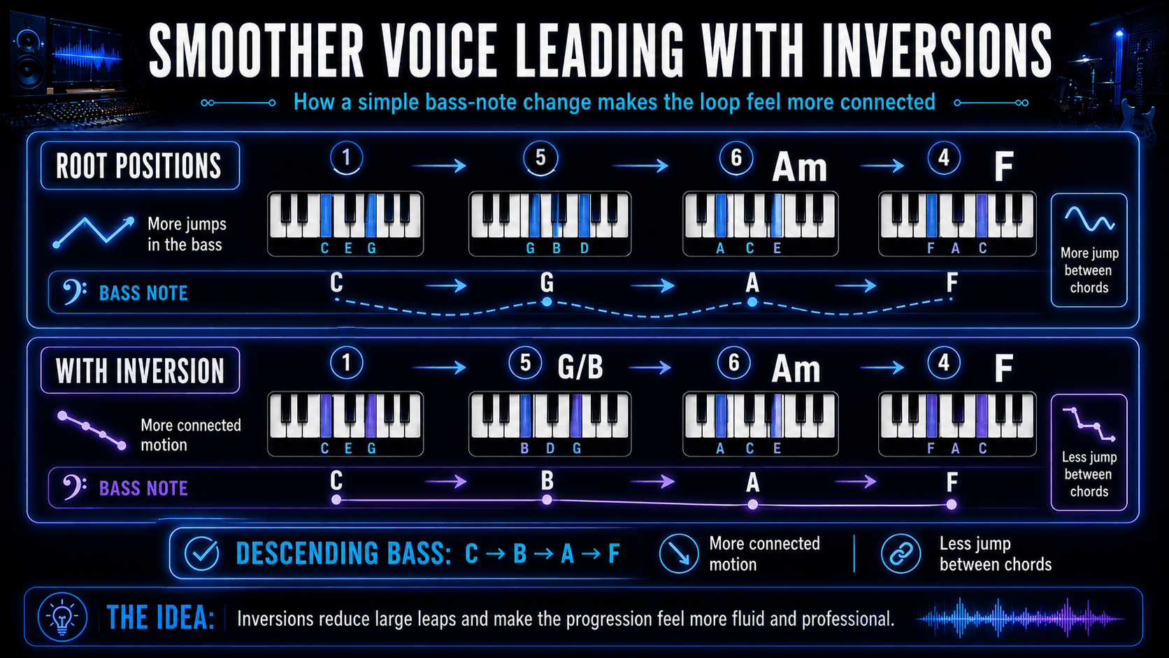 Infographic comparing root-position C–G–Am–F with C–G/B–Am–F to demonstrate smoother voice leading and descending bass notes.