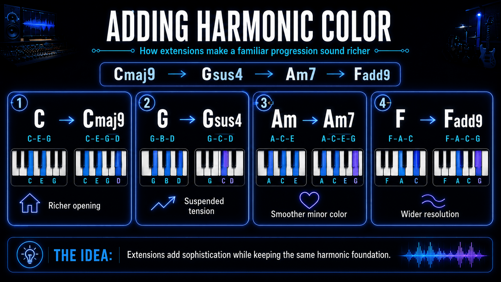 Infographic transforming C–G–Am–F into Cmaj9–Gsus4–Am7–Fadd9 with chord notes and descriptions of each extension.