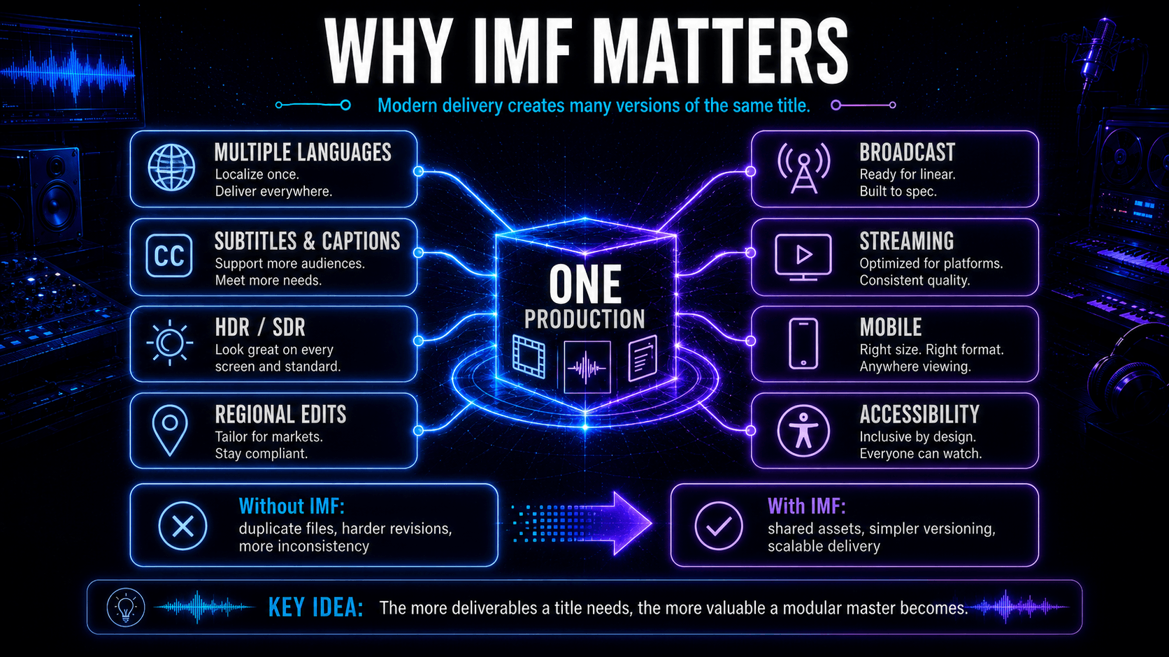 Diagram showing how one IMF production supports languages, subtitles, HDR, broadcast, streaming, mobile, and accessibility